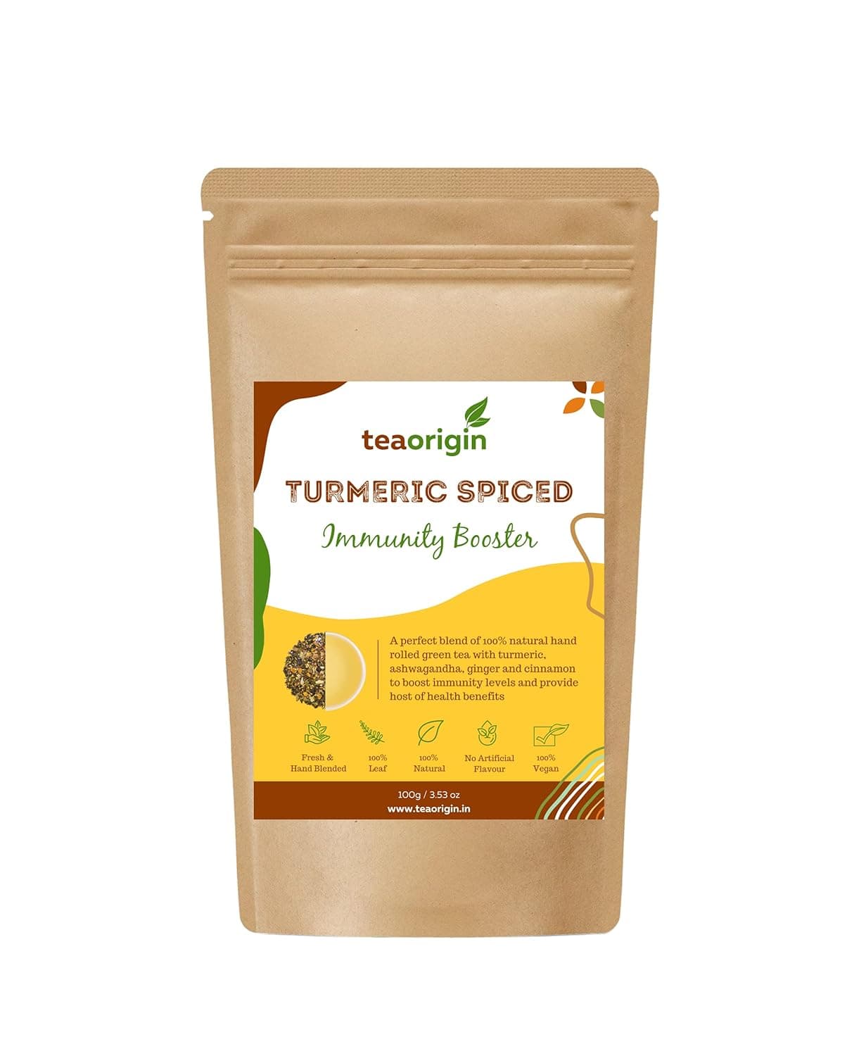 Tea Origin Turmeric Spiced Herbal Tea | 100% Natural- Hand Rolled Green Tea, Turmeric, Ashwagandha, Cinnamon & Ginger | Improves Immunity & Metabolism, Helps in weight loss, detox tea | 100g- 50+ Cups