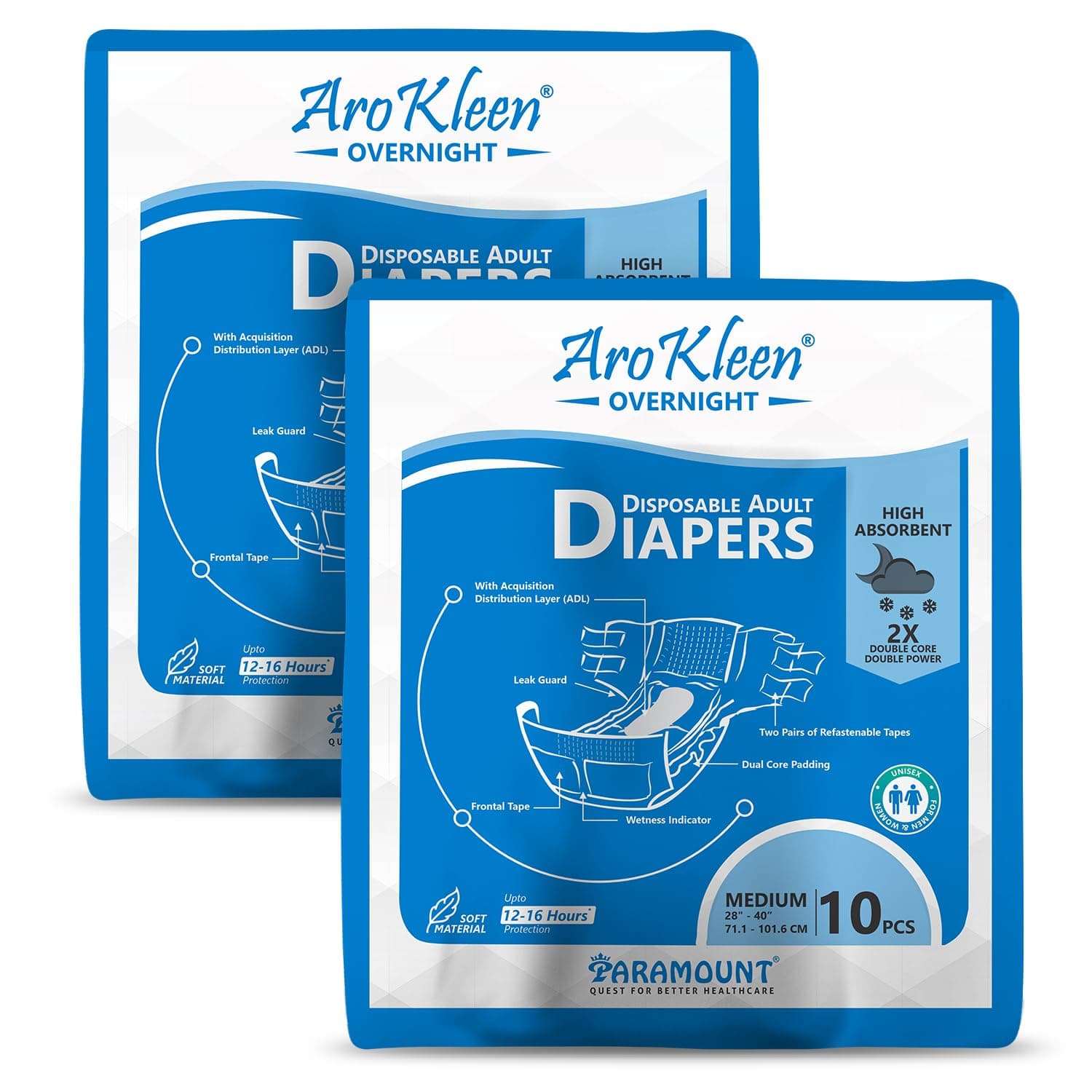 AroKleen 2X Dual Core Overnight 20 Count Adult Diapers Tape Style | Medium (M) | Waist Size 71-101 Cm (28"- 44") | 16 hr Absorption Protection | Unisex | Leak Proof | Wetness Indicator- Pack of 2