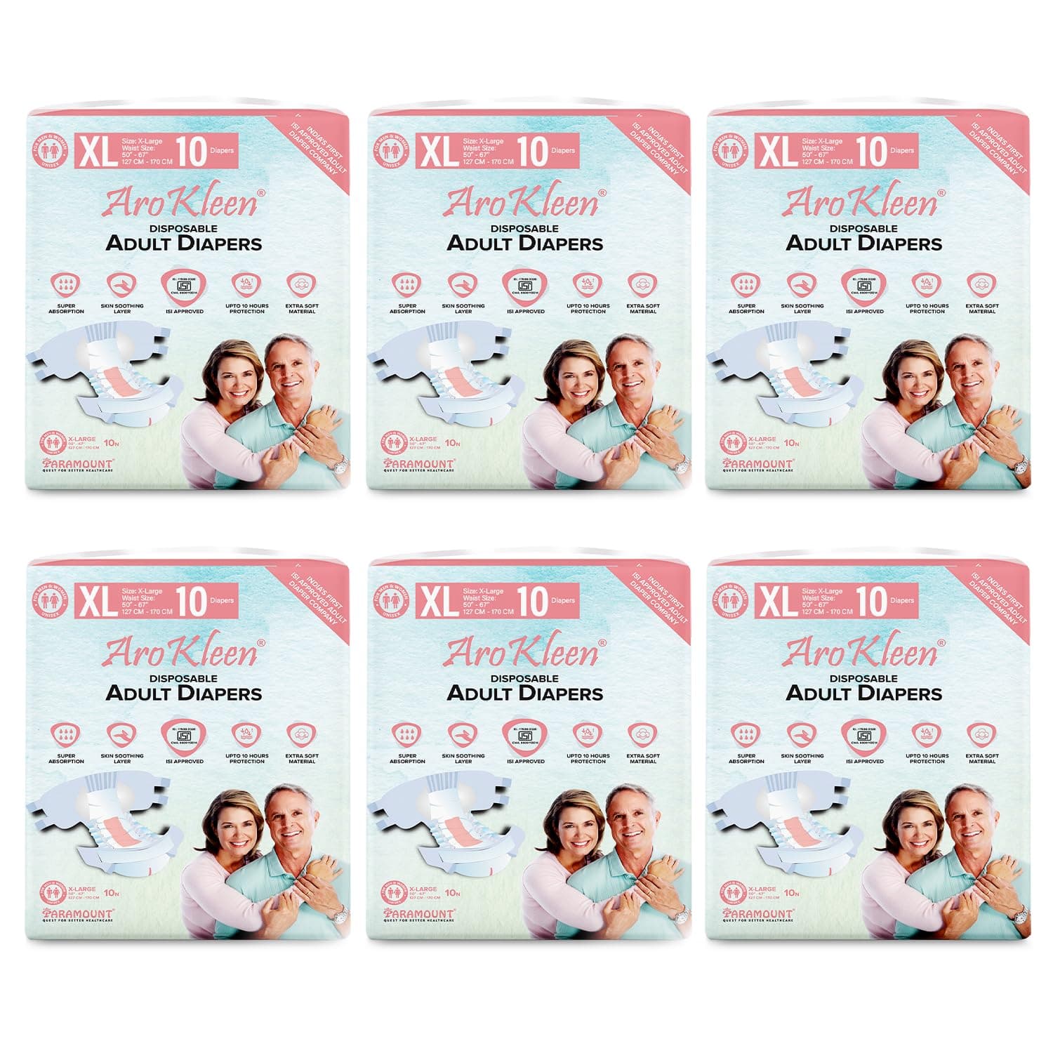 Aro Kleen (Isi Certified)Premium Unisex Adult Diapers Tape Style -60 Count(Extra Large)With Odour Lock And Anti-Bacterial Absorbent Core- Waist Size 127-170 Cm(50"-67")-Pack Of 6