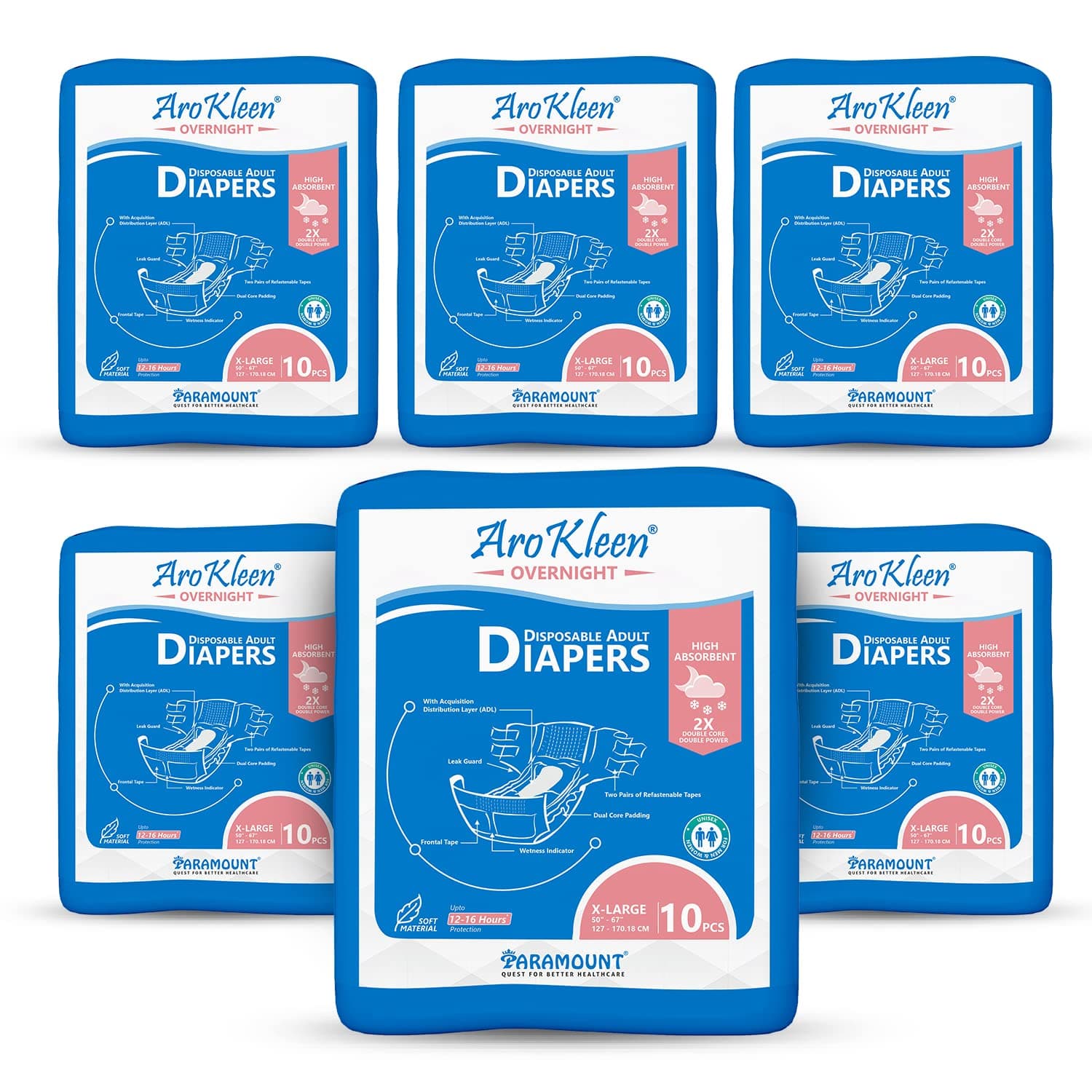 AroKleen 2X Dual Core Overnight 60 Count Adult Diapers Tape Style | Extra Large (XL) | Waist Size 127 - 170 Cm (50"- 67") | 16 hr Absorption Protection | Unisex | Leak Proof | Wetness Indicator- Pack of 6