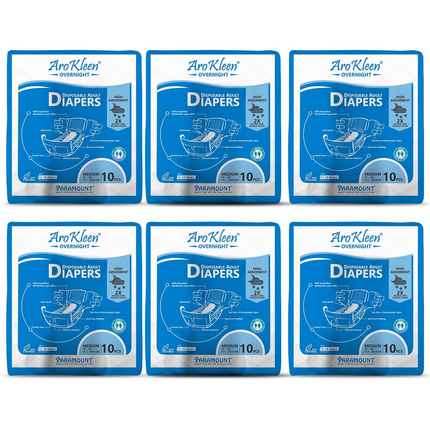 Aro Kleen 2X Overnight 60 Count Adult Diapers Tape Style|Medium(M)|Waist Size 71-101 Cm(28"- 44")|16 Hr Absorption Protection|Unisex|Leak Proof|Wetness Indicator- Pack Of 6
