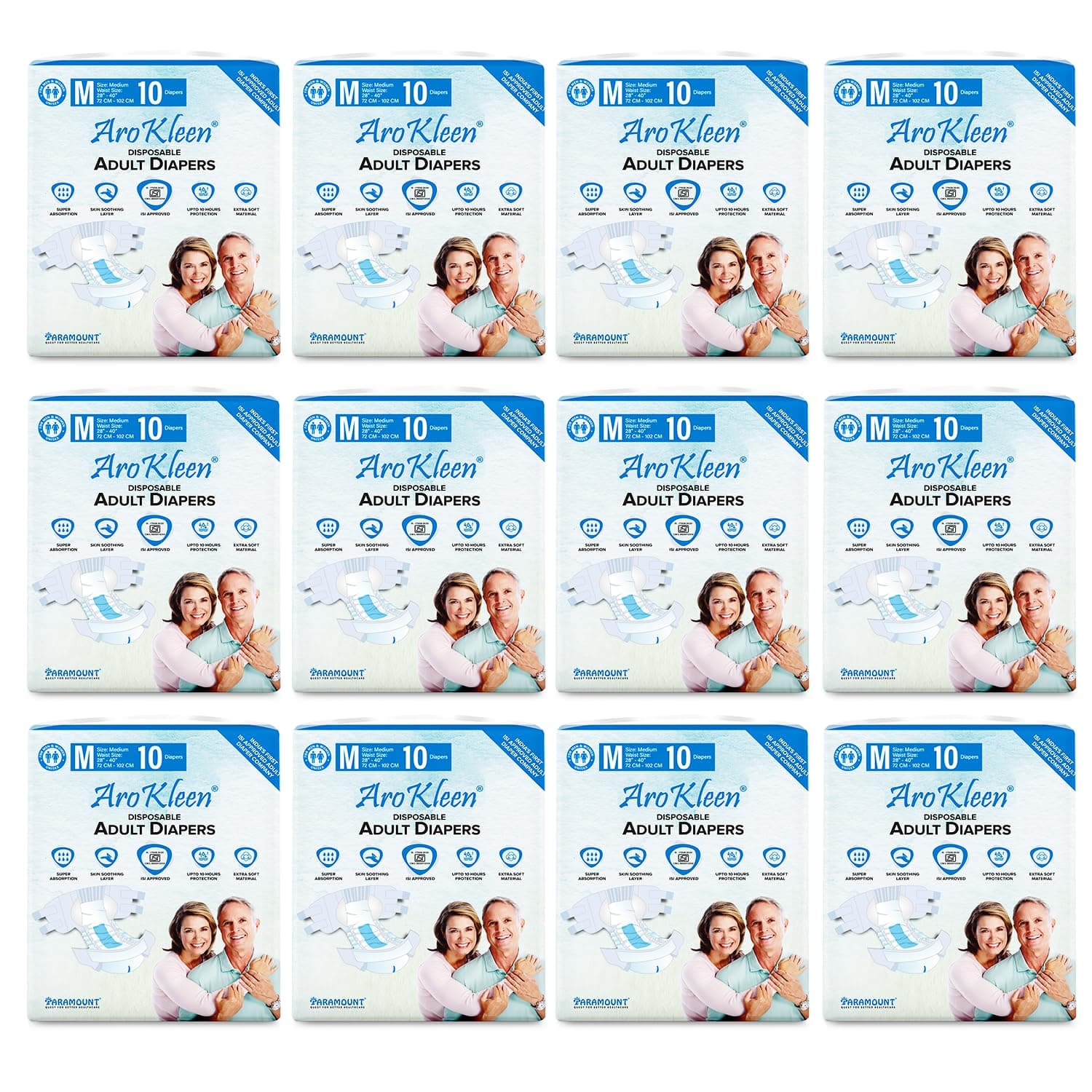 Aro Kleen (Isi Certified)Premium Adult Diapers,Tape Style,Medium(M)Size,120 Count,Waist Size(72-102 Cms||28"-40" Inch),Unisex,High Absorbency,Leak Proof,Wetness Indicator-Pack Of 12