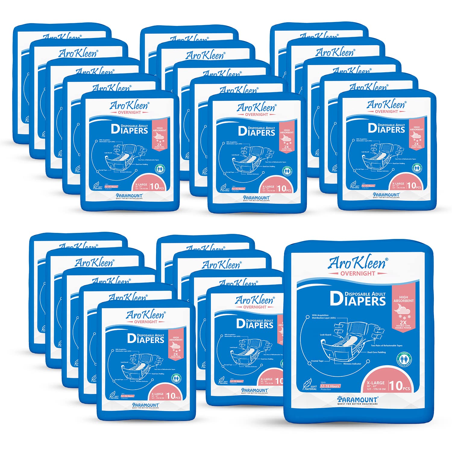 AROKLEEN 2X DUAL CORE DUAL POWER OVERNIGHT Adult Diapers Tape Style With Odour Lock & Anti-Bacterial High Absorbent ( ADL ) | Leak Guards | Dual Core Padding -EXTRA LARGE ( XL ) - WAIST SIZE: 127 - 170 CM ( 50"- 67" )- PACK OF 25 ( 250 COUNT )