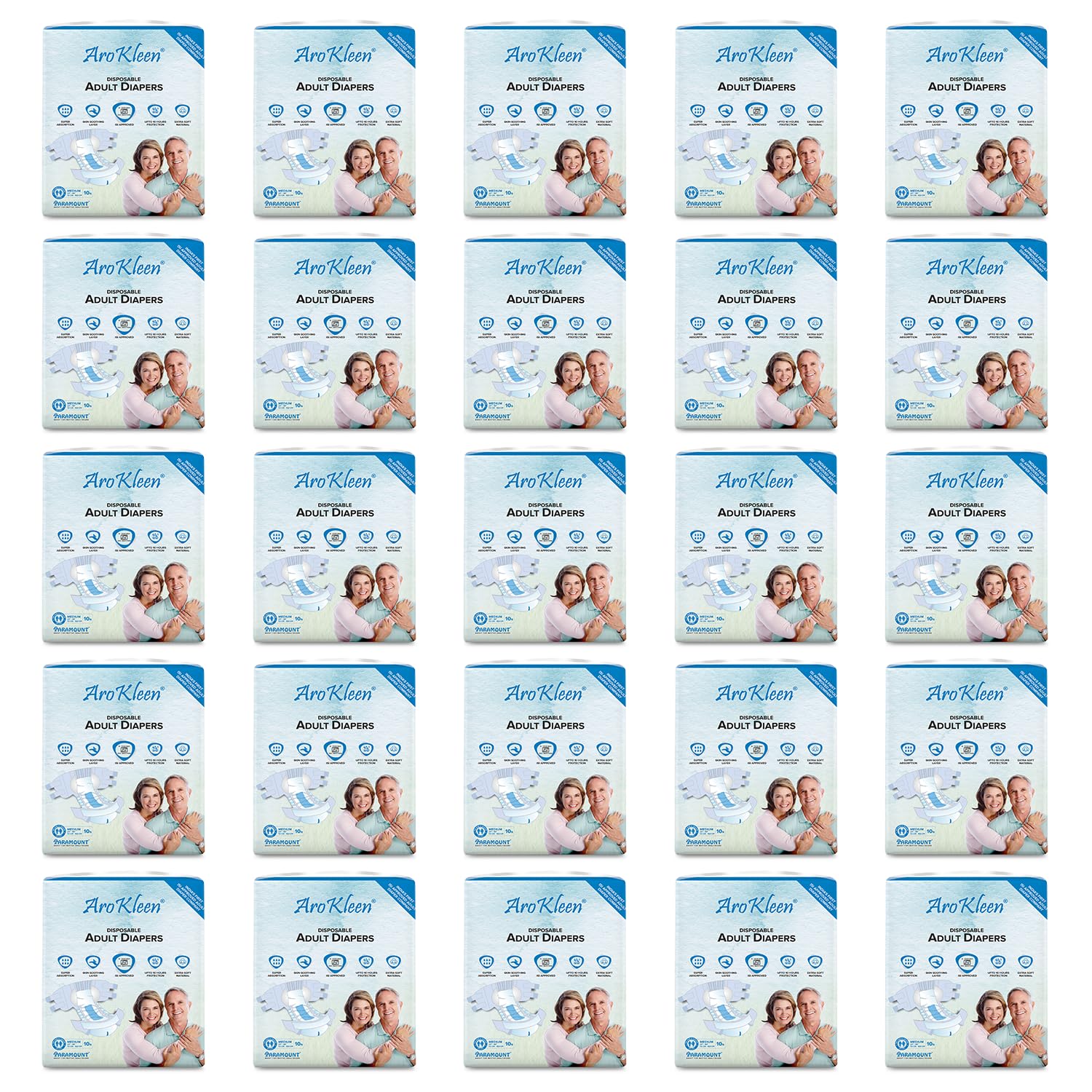 AroKleen (ISI CERTIFIED) Adult Diapers Tape Style | Medium (M) Size, 250 Count, Waist Size (72-102cm | 28"- 40" inches), Unisex, High Absorbency, Leak Proof, Overnight Protection, Odour lock, Anti-Bacterial Absorbent Core-Pack of 25