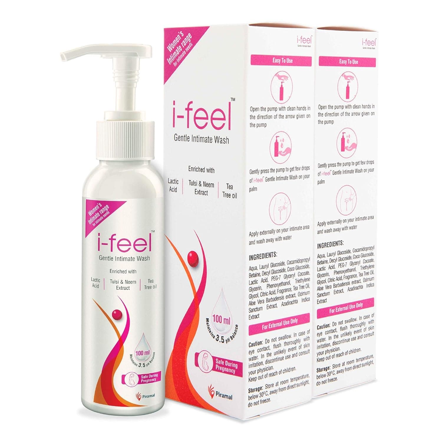 i-feel Gentle Intimate Wash for Women by Piramal -pH Balanced with Lactic Acid, Neem, Tulsi, Aloevera & Tea Tree Oil-Sulphate, Alcohol & Paraben Free Formula-Safe for Daily Use even in Pregnancy-(2x100ML)