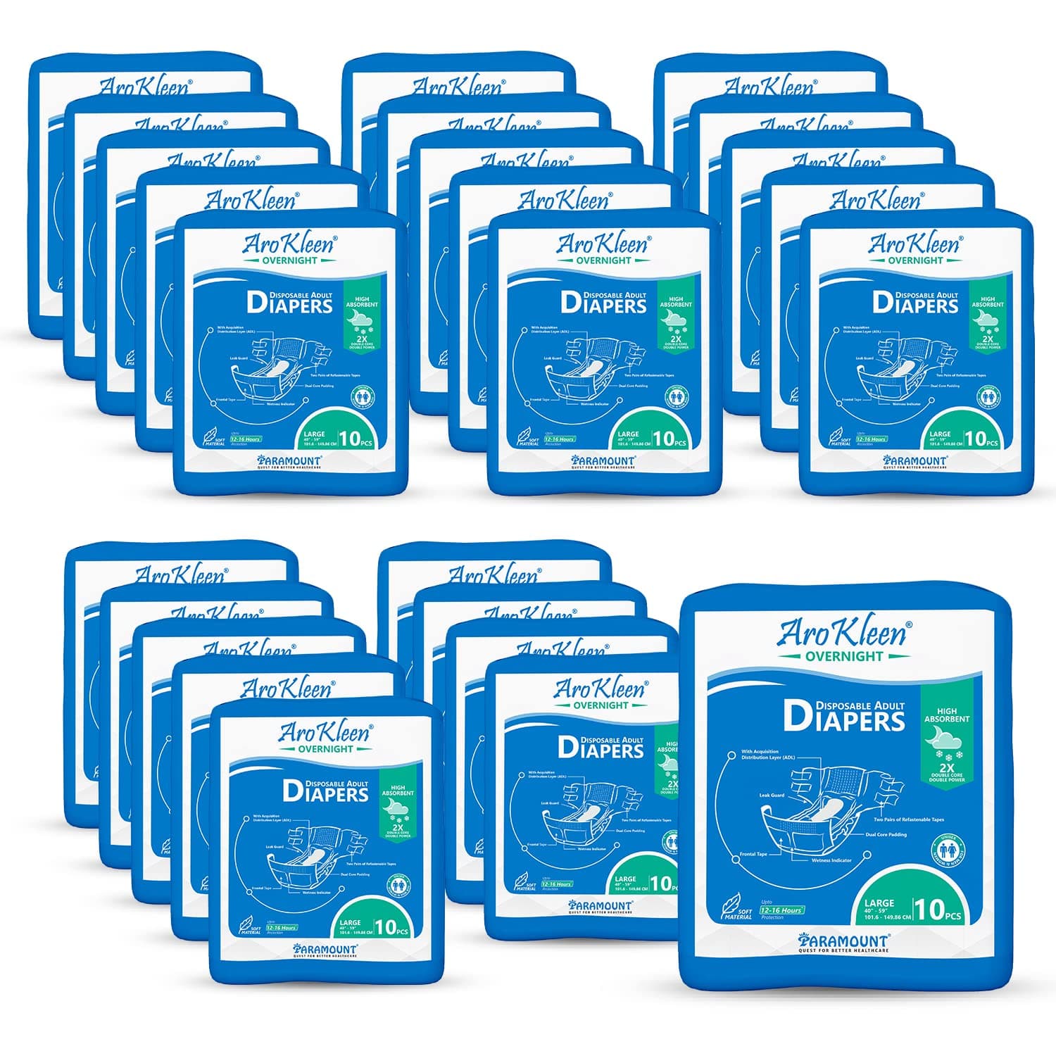 AROKLEEN 2X DUAL CORE DUAL POWER OVERNIGHT Adult Diapers Tape Style With Odour Lock & Anti-Bacterial High Absorbent ( ADL ) | Leak Guards | Dual Core Padding -LARGE ( L ) - WAIST SIZE: 101 - 150 CM ( 40"- 59" )- PACK OF 25 ( 250 COUNT )
