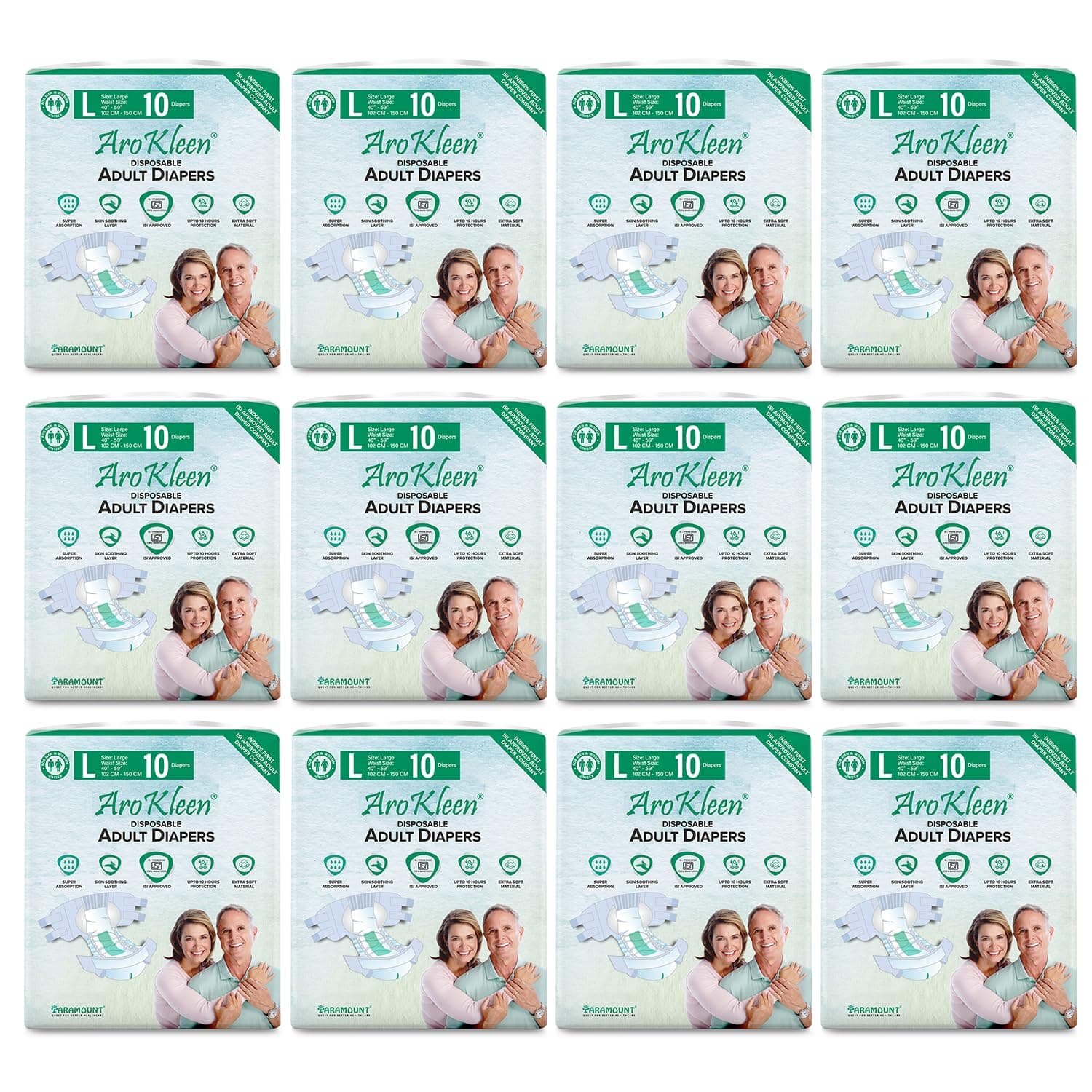 AroKleen (ISI CERTIFIED) Adult Diapers Tape Style | Large (L) Size, 120 Count, Waist Size (102-150cm | 40"-59" inches), Unisex, High Absorbency, Leak Proof, Overnight Protection, Odour lock, Anti-Bacterial Absorbent Core-Pack of 12