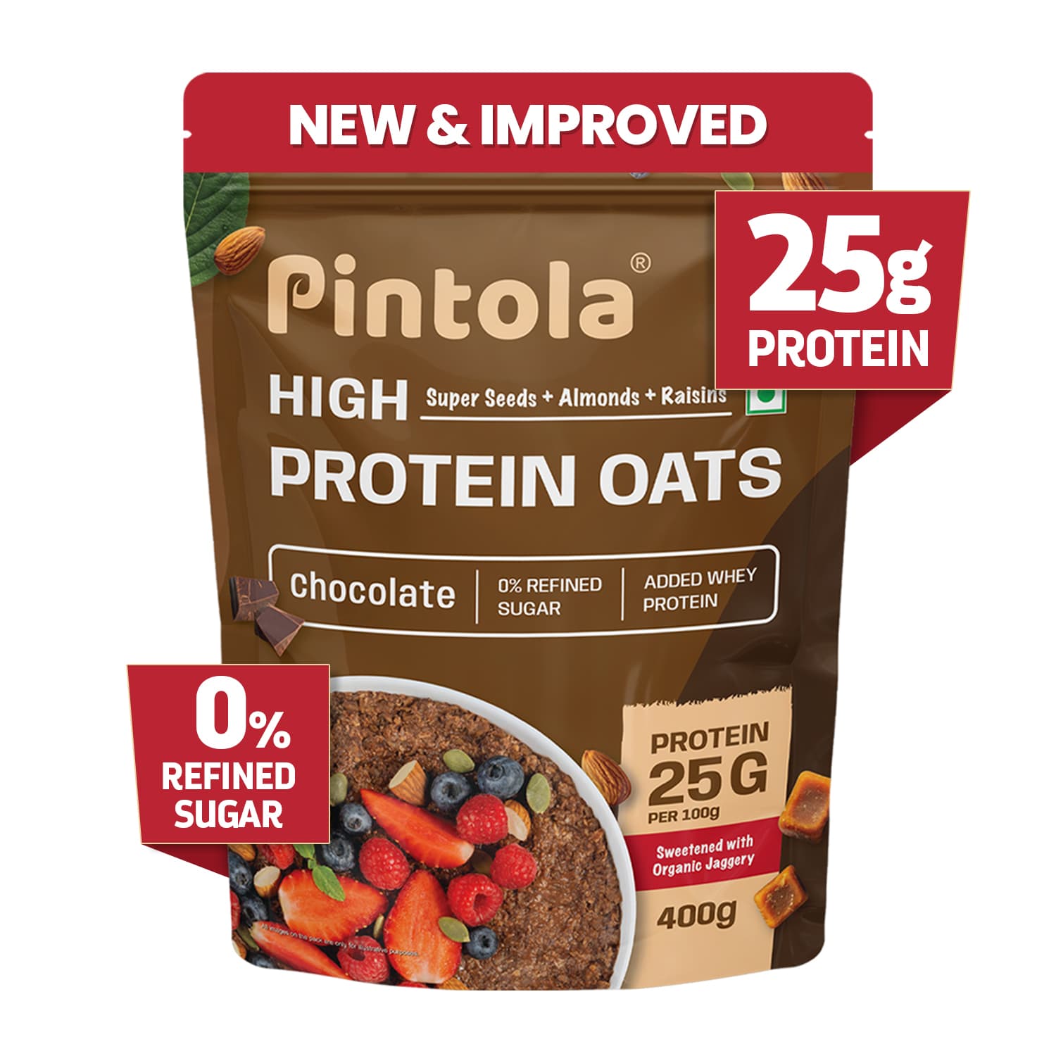 PINTOLA 22g High Protein Oats 1kg, Dark Chocolate,No Refined Sugar, with Almonds Raisin, Pumpkin and Chia Seeds, 8g Fibre, Rolled Oats for weight loss, Breakfast Cereals | Gluten Free