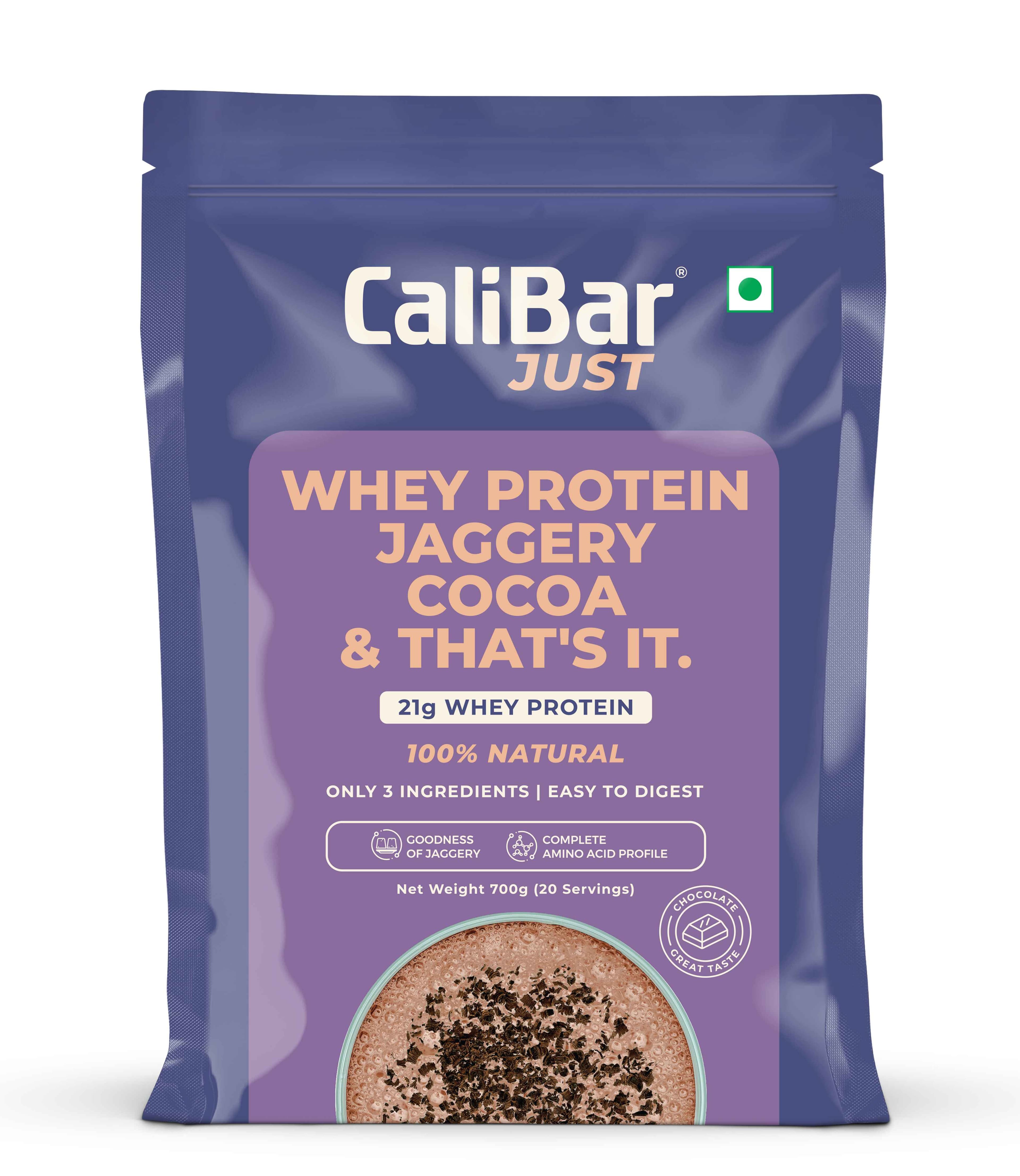 CaliBar Just Chocolate Whey Protein - All Natural Whey Protein Concentrate + Jaggery + Cocoa, Only 3 Ingredients, Easy To Digest, No Harmful Chemicals, 700g Chocolate Protein With 20 Servings