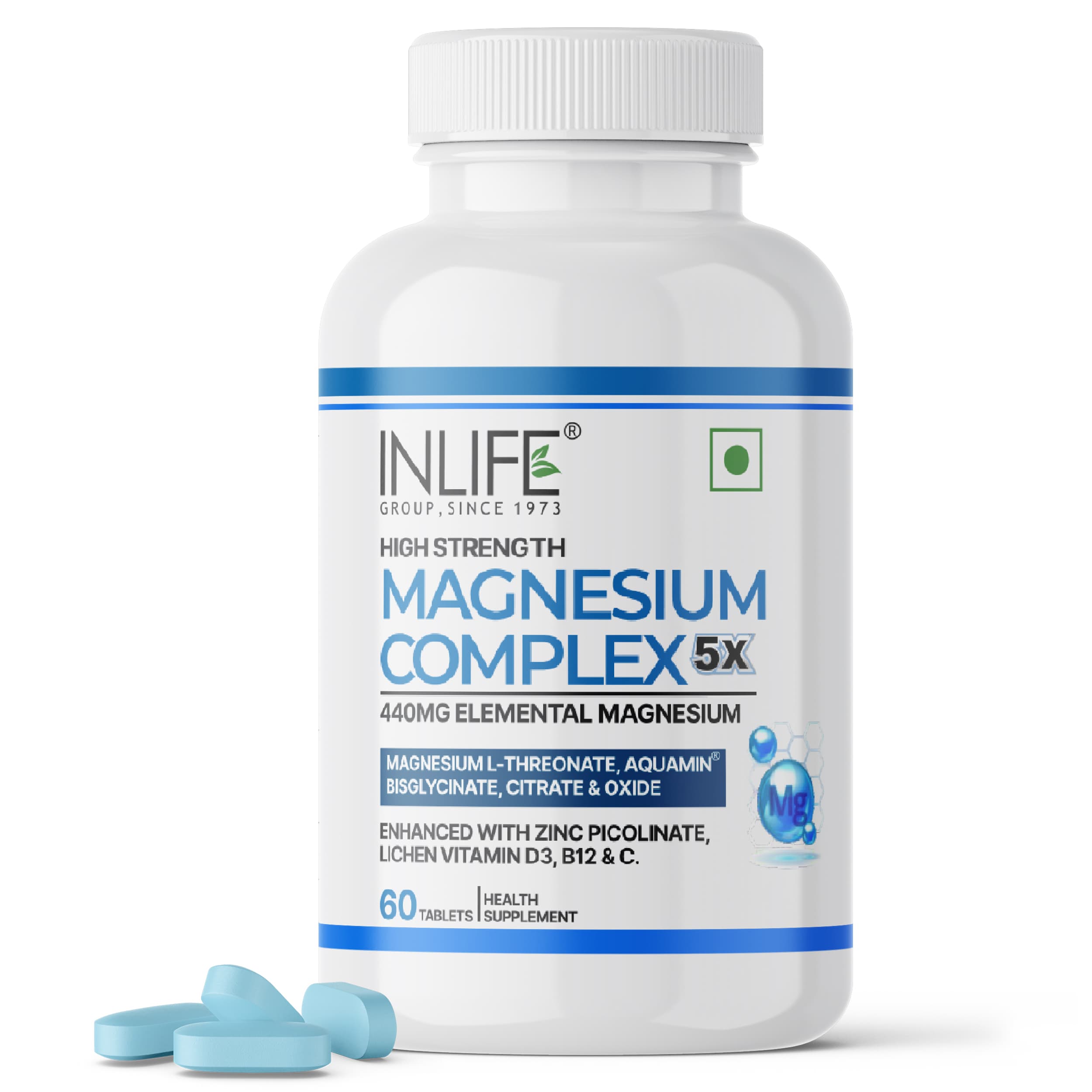 INLIFE Magnesium Supplement 2000mg | 5x Chelated Magnesium Complex Glycinate, L Threonate, Citrate, Oxide with Aquamin, Zinc, Vitamin C, D3 & B12 | For Sleep, Focus, Muscles, Immunity - 60 Tablets
