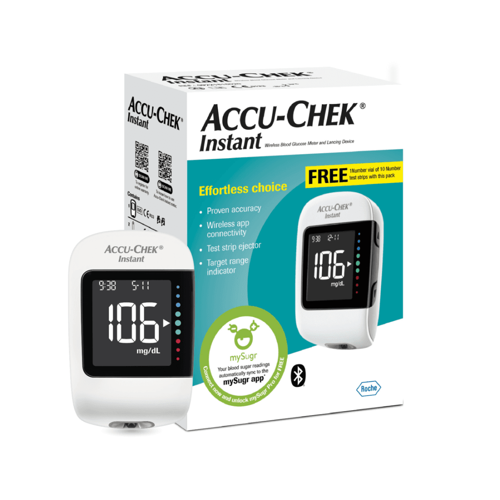 Accu-Chek Instant Blood Glucose Glucometer (with Bluetooth) with Vial of 10 Strips, 10 Lancets and a Lancing Device FREE for Accurate Blood Sugar Testing