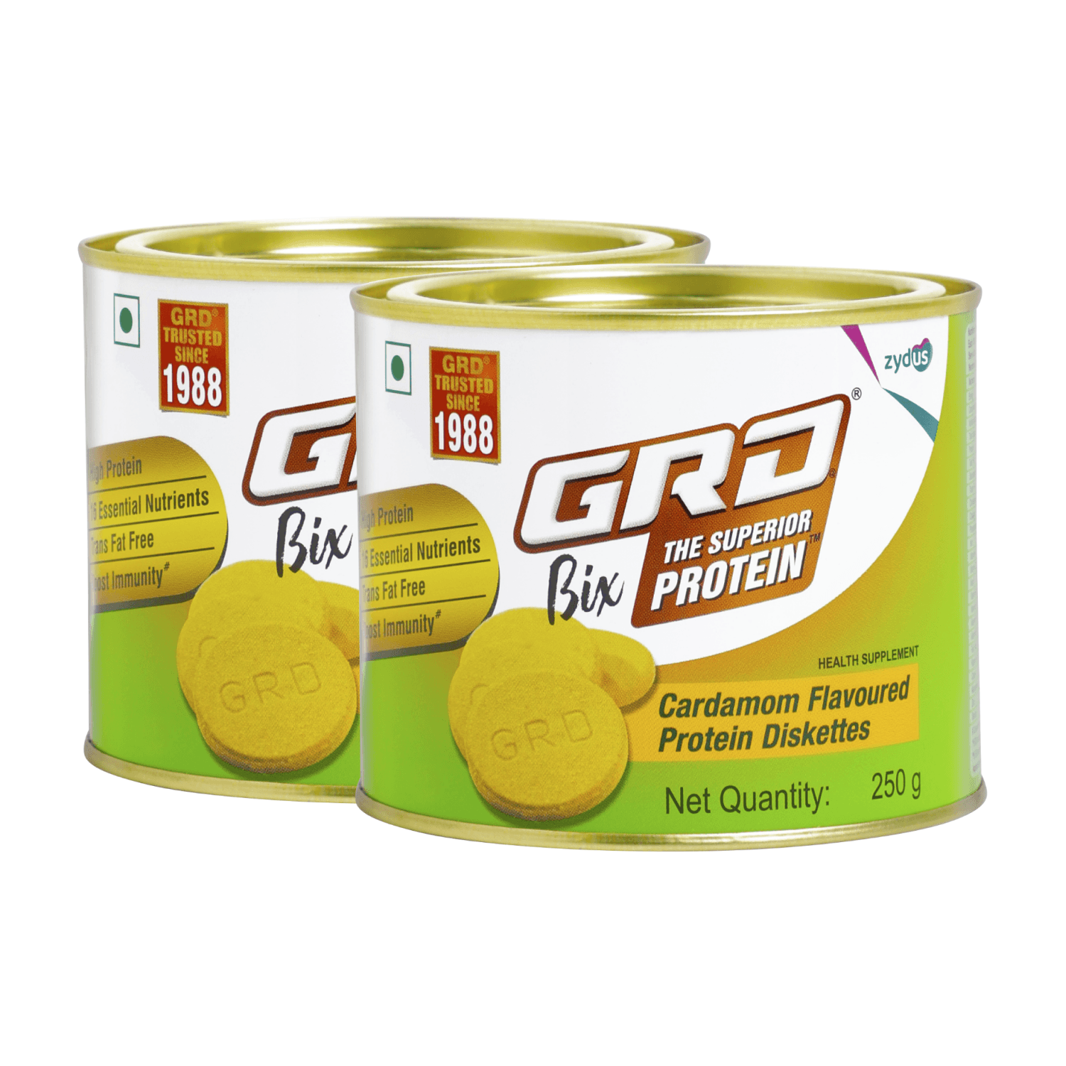GRD Bix Superior Protein Diskettes, Healthy Tasty Biscuits Enriched with Protein and 18 Essential Nutrients for Healthy Living (250g) – Cardamom Flavour (Pack of 2)