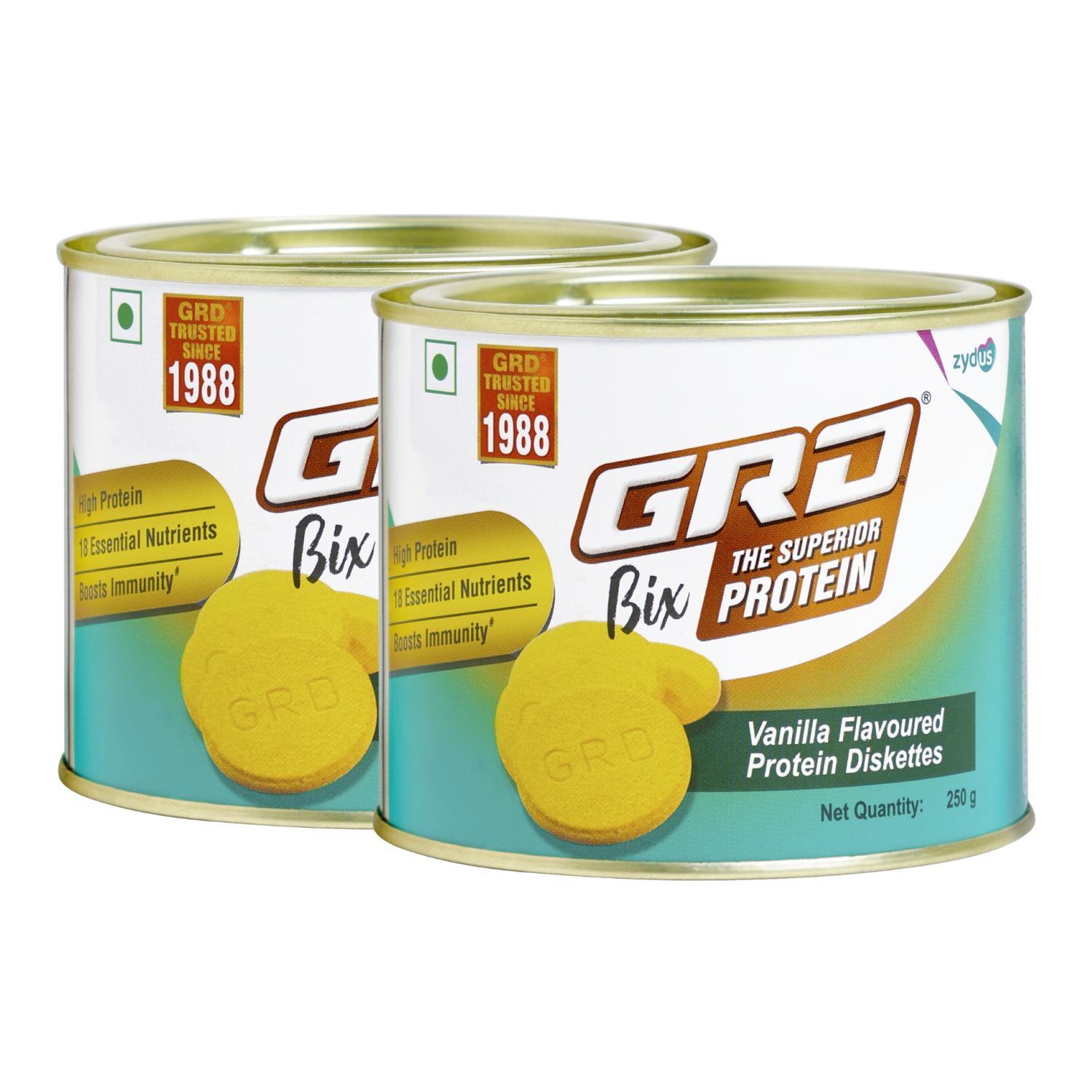 GRD Bix Superior Protein Diskettes, Healthy Tasty Biscuits Enriched with Protein and 18 Essential Nutrients for Healthy Living (250g) – Vanilla Flavour (Pack of 2)