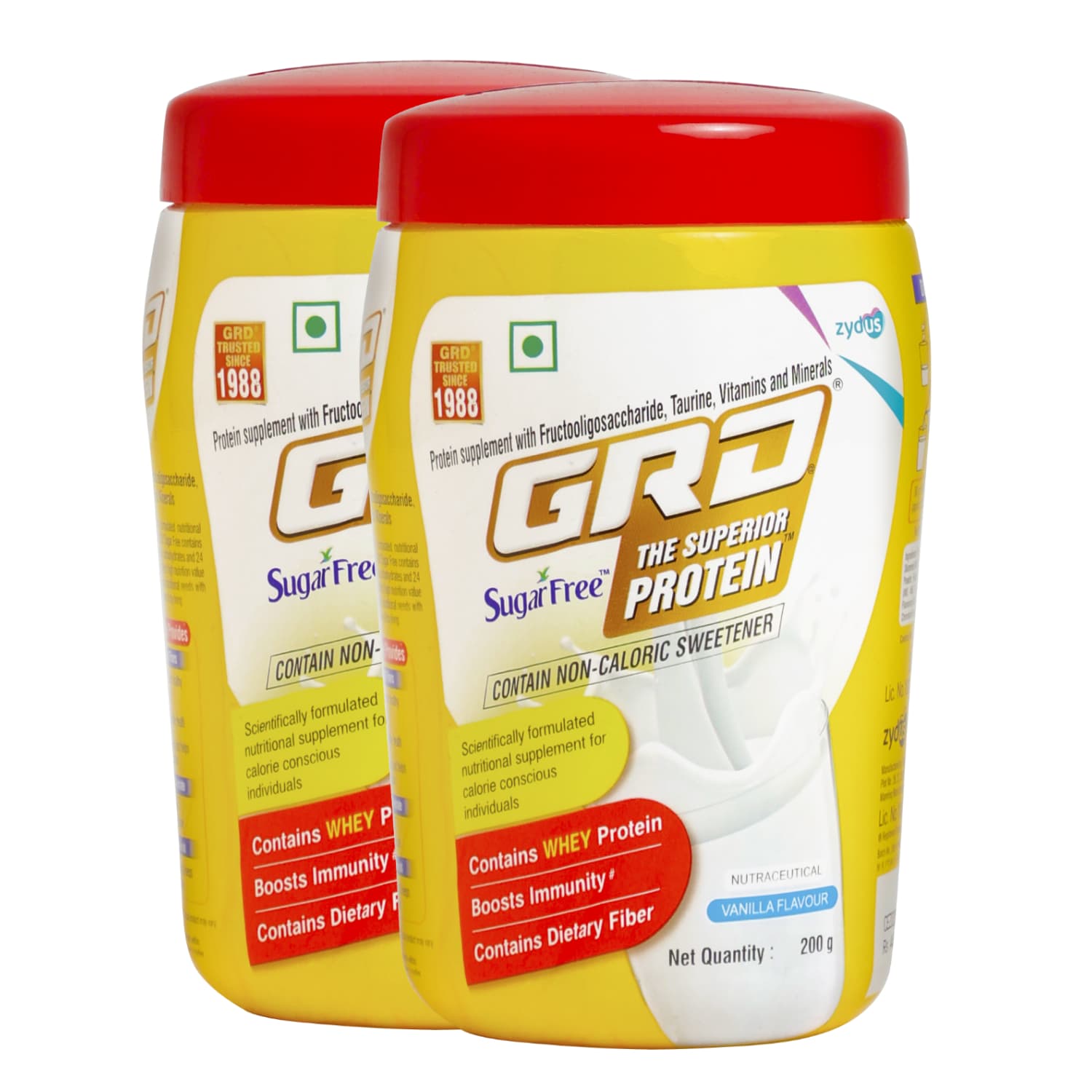 GRD Sugarfree Complete Nutritional Supplement for Adults - No Added Sugar, 26 Essential Nutrients & High Fiber For Healthy Living (Vanilla) - 200g Each, Pack of 2