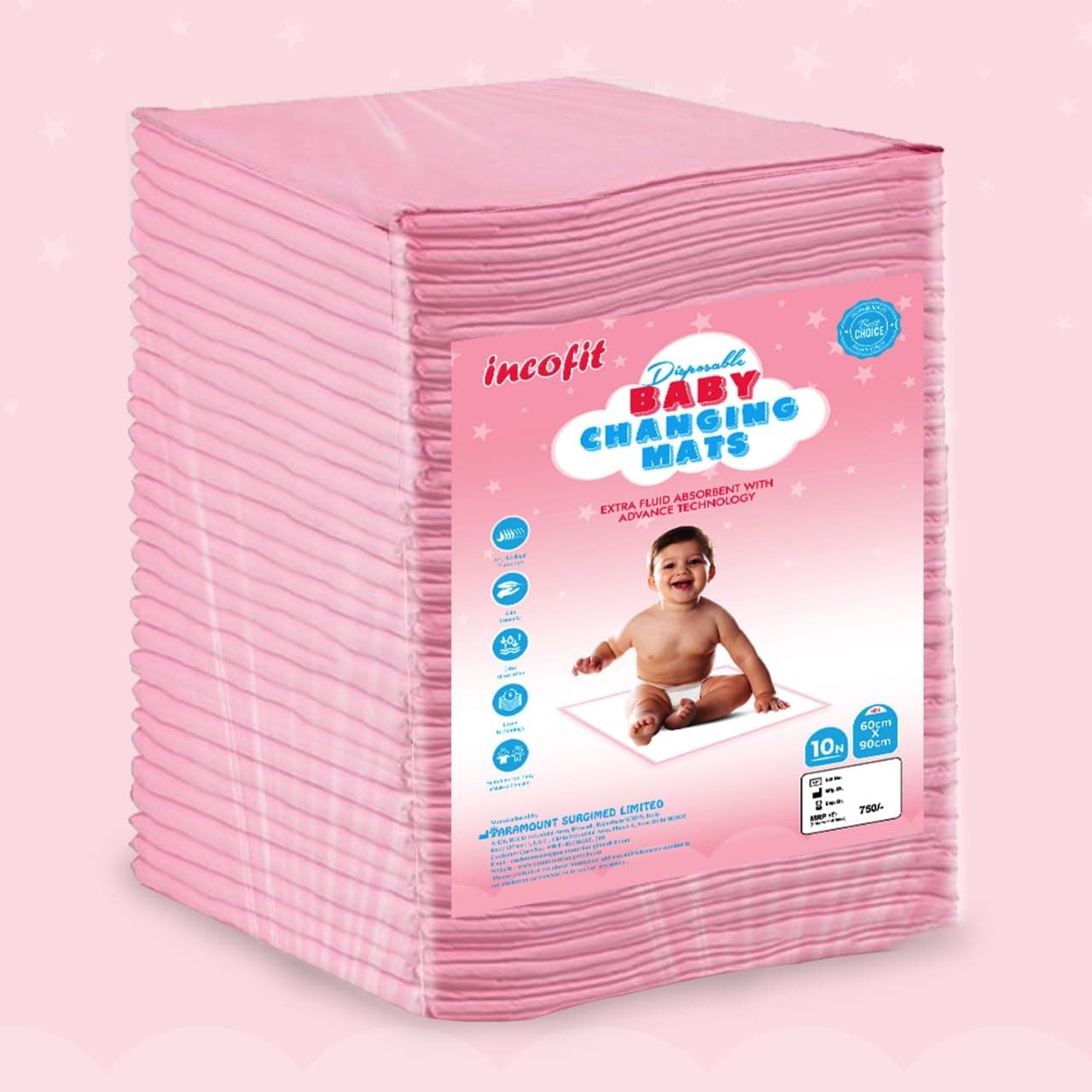 Incofit 10 Count 60x90 CM Pink Baby Disposable Underpad | Changing Mats | Changing Pads | Baby Waterproof Pads | Breathable Underpads | Bed Protector with 100% Water Proof Non Slip Back Sheet