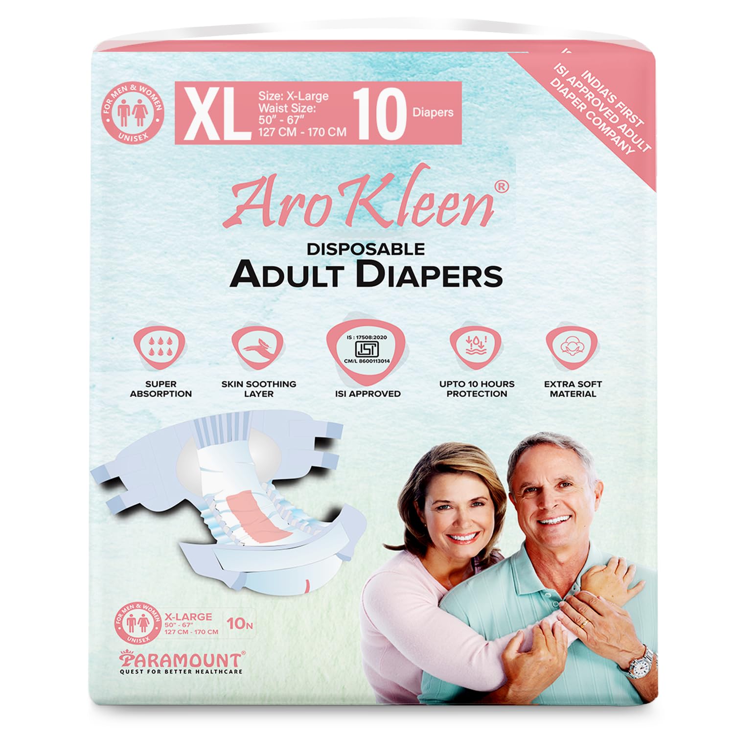AroKleen (ISI CERTIFIED) Adult Diapers Tape Style | Extra Large (XL) Size, 10 Count, Waist Size (127-170cm | 50"-67" inches), Unisex, High Absorbency, Leak Proof, Overnight Protection, Odour lock, Anti-Bacterial Absorbent Core-Pack of 1