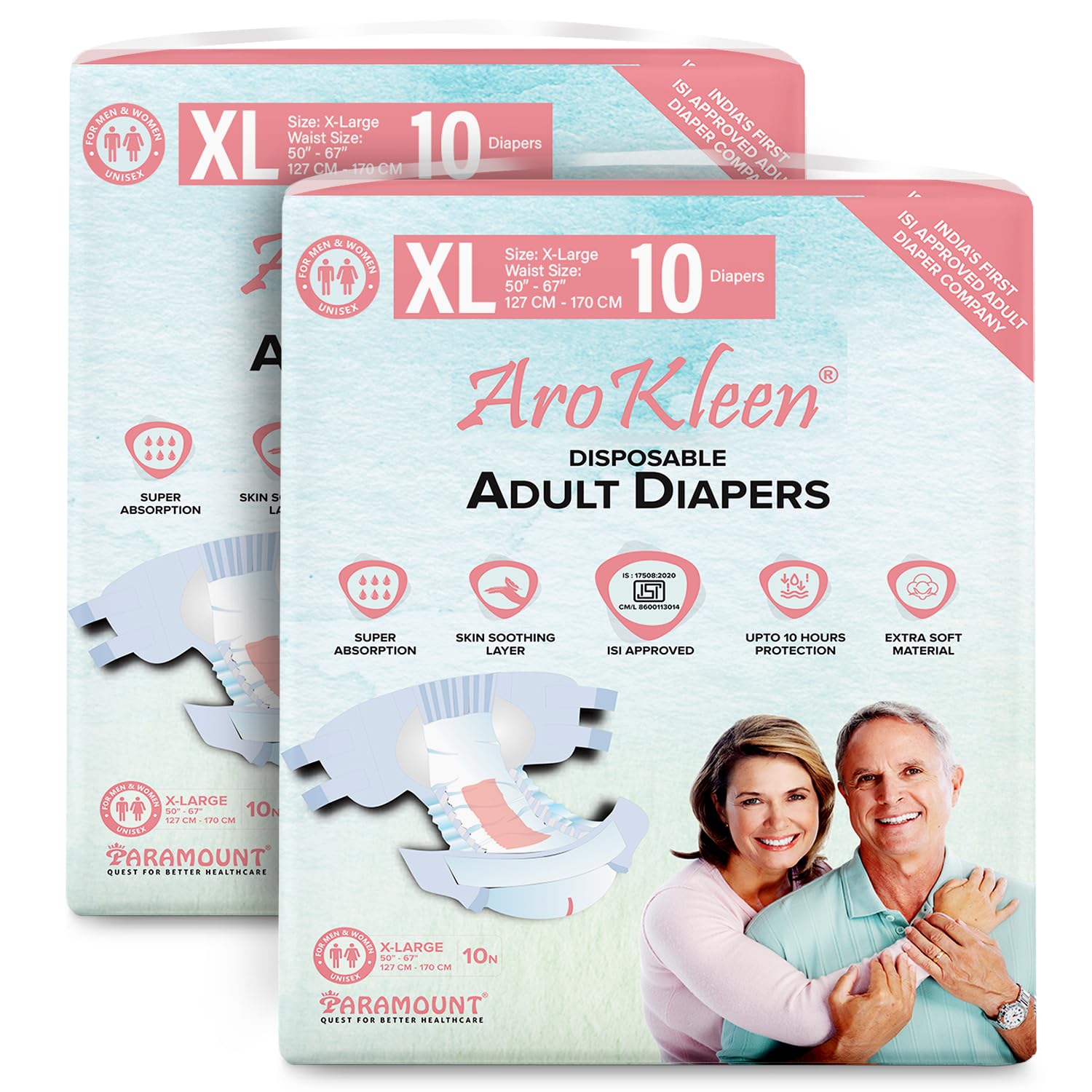 PARAMOUNT INCOFIT Arokleen(Isi Certified)Premium Unisex Adult Diapers Tape Style -20 Count(Extra Large)With Odour Lock And Anti-Bacterial Absorbent Core- Waist Size 127-170 Cm(50"-67")-Pack Of 2