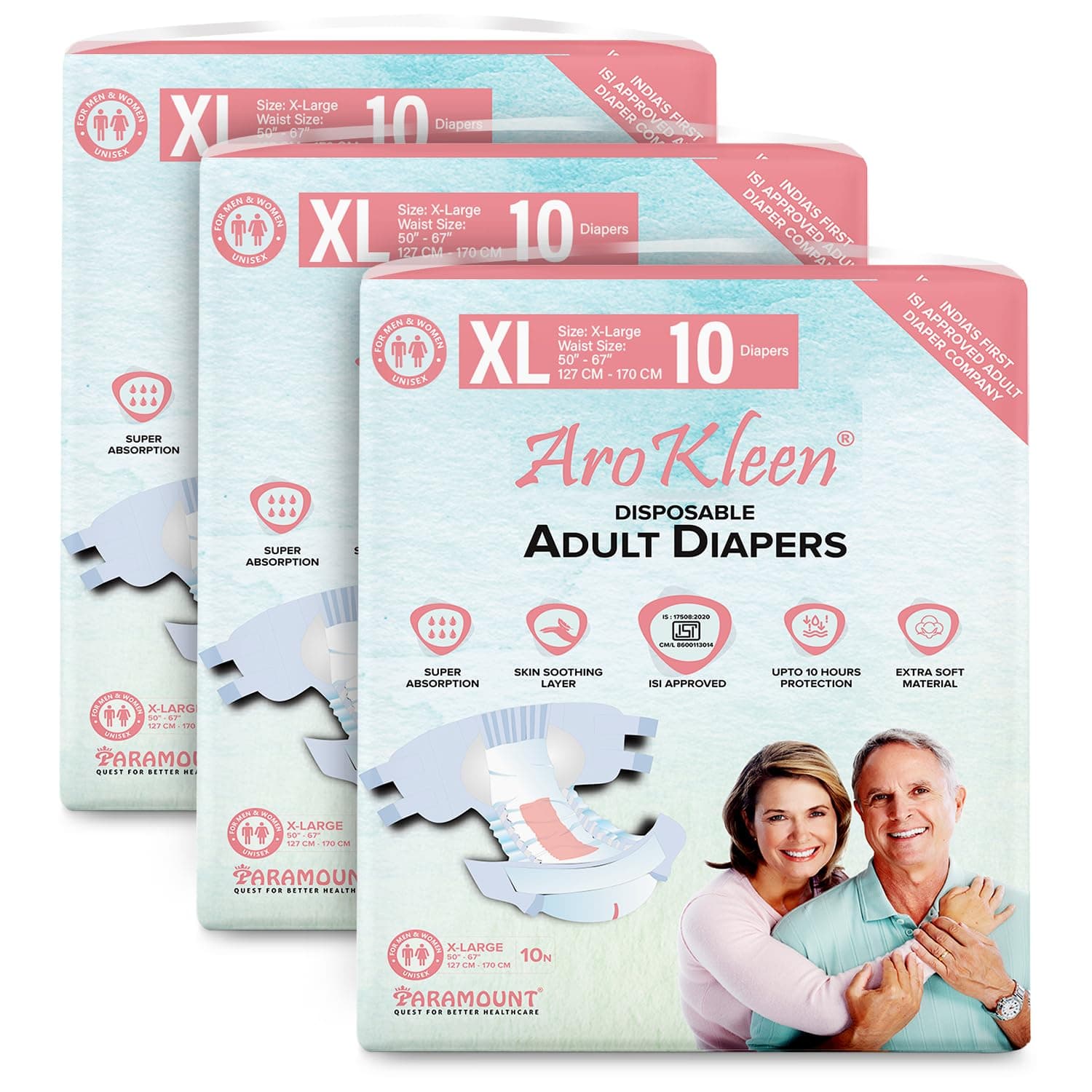 PARAMOUNT INCOFIT Arokleen(Isi Certified)Premium Unisex Adult Diapers Tape Style -30 Count(Extra Large)With Odour Lock And Anti-Bacterial Absorbent Core- Waist Size 127-170 Cm(50"-67")- Pack Of 3