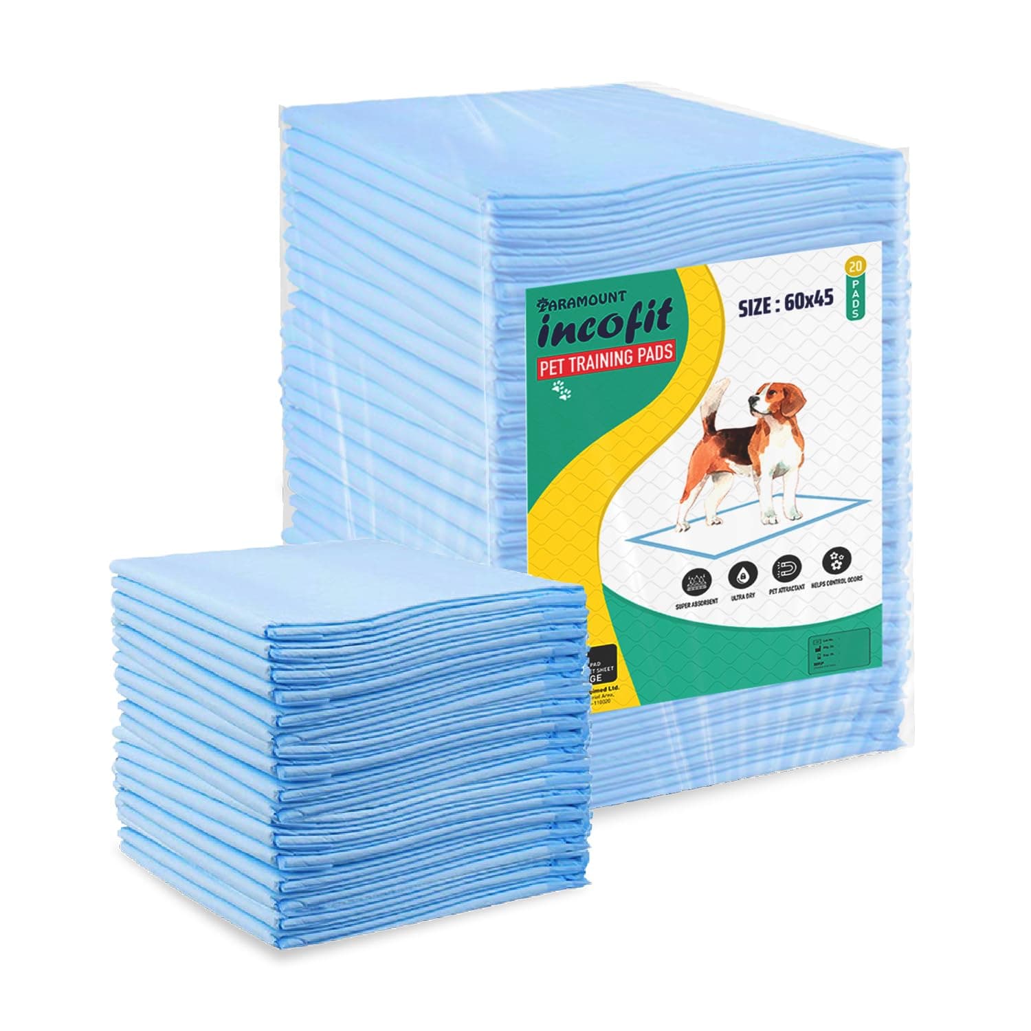 Incofit Pet Training Pads 60 X 45 cm 20 Counts with Leak-Proof Quick-Dry Design, 5 Layered Leak Proof, Potty & Peeing Toilet Trainer, Non Slippery