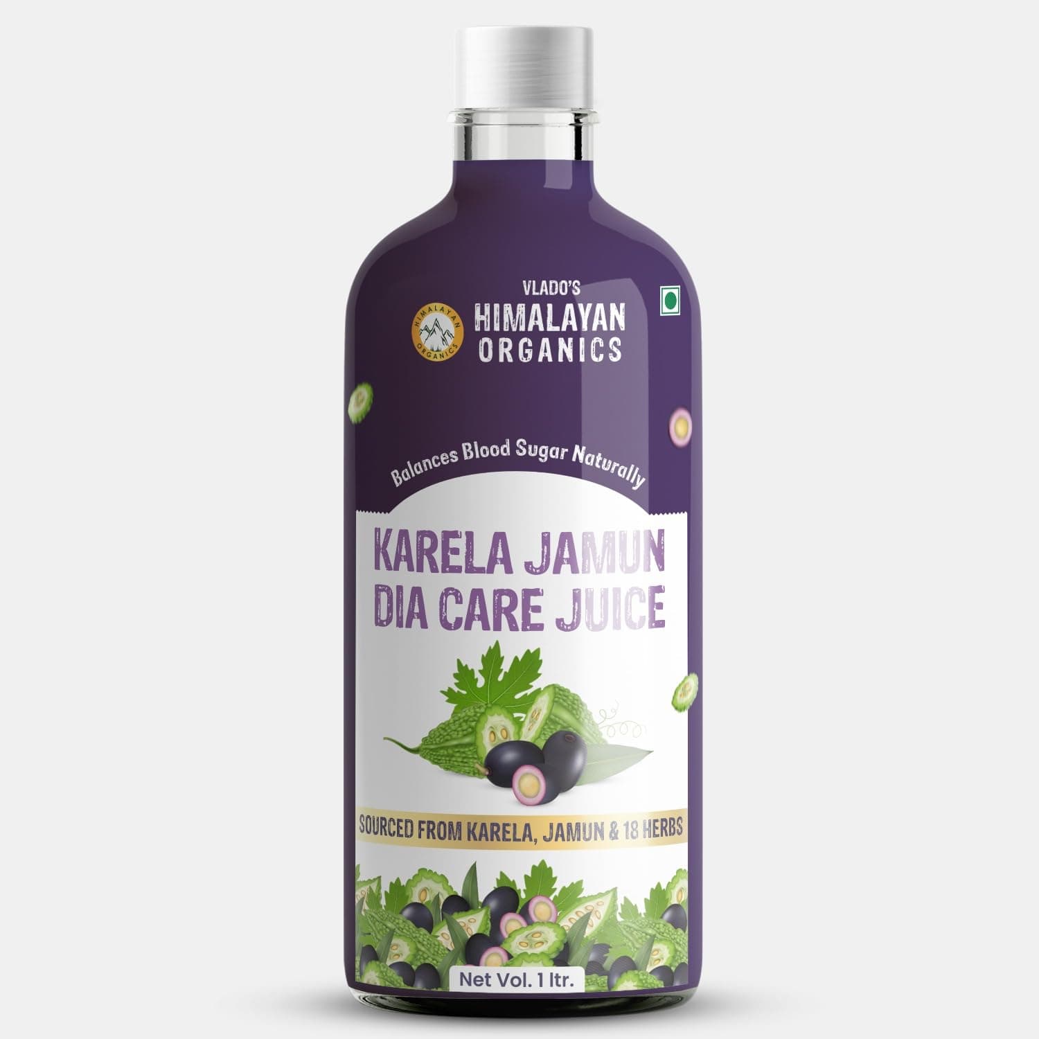 Vlado's Himalayan Organics Karela Jamun Diabetic Care Juice with Neem, Amla, Giloy, Gudmar, Methi, Vijaysar Kutki, Aloevera, Turmeric, Kutki, Shatavari, Arjun, Cinnamon, Green Tea I Manage Sugar Level I Made with 18+ Clinically Proven Natural 100% Ayurvedic Potent Herbs I Specially design for Diabetic & Sugar Control I Dia Free Diabic Care Juice - 1L