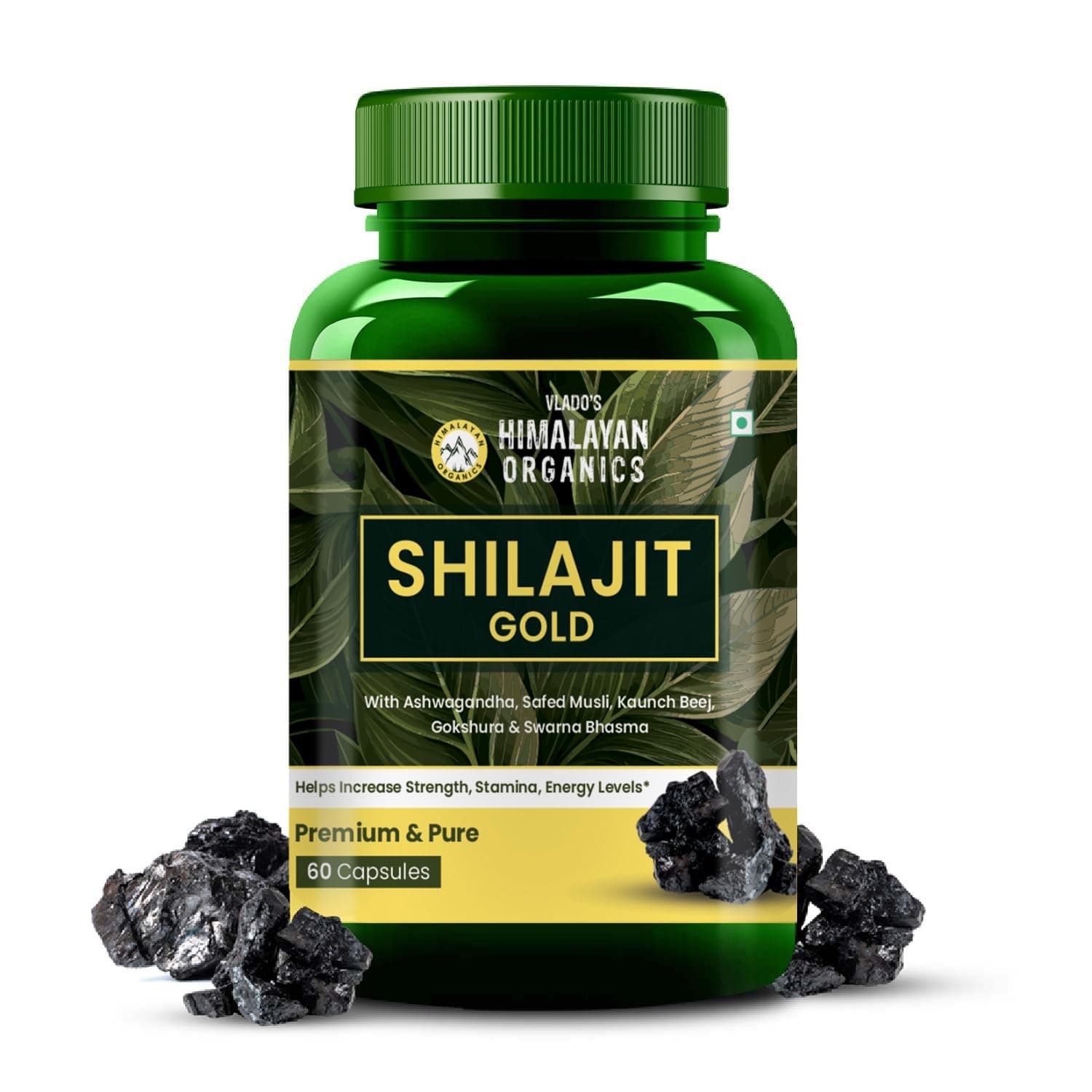 Vlado’s Himalayan Organics Pure Shilajit 24 carat Gold with Ashwagandha, Safed musli, Kaunch beej , Gokshura Swarna & Rajat Bhasma +10 more Ayurvedic herbs - -Boost Stamina, Strenght, Energy Power, Build Muscle Mass - 60 Veg Capsules
