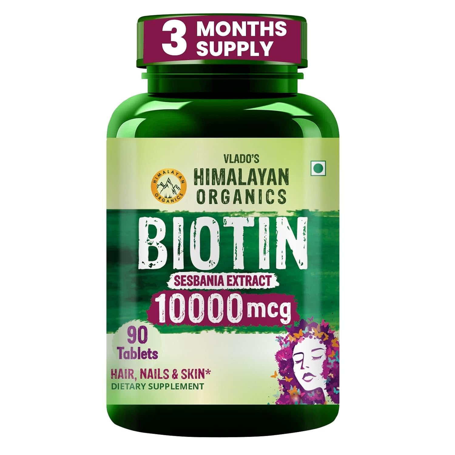 Vlado’s Himalayan Organics Biotin 10000 MCG tablets for Hair Growth, Radiant Skin and Stronger Nails I Sesbania Grandiflora Extract Biotin I Biotin Supplement for men & Women - 90 Veg Tablets
