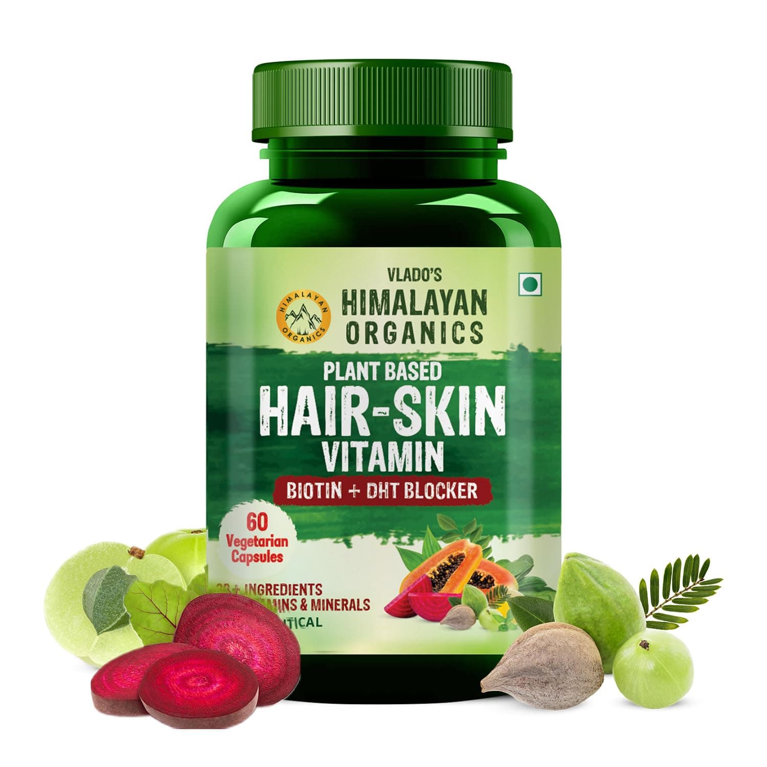 Vlado’s Himalayan Organics Pure Biotin, DHT Blocker , Plant-Based Vitamin B1, B2 , B3, B5, B6, B7 , B9, B12 , Vitamin c ,Vitamin D3 ( Cholecalciferol ) (With Goodness of Nettle Leaves | Helps Reduce Hair Fall, Controls Hair Fall, Stimulates Hair Follicles & Promotes Hair Growth | For Men And Women - 60 Veg Capsules