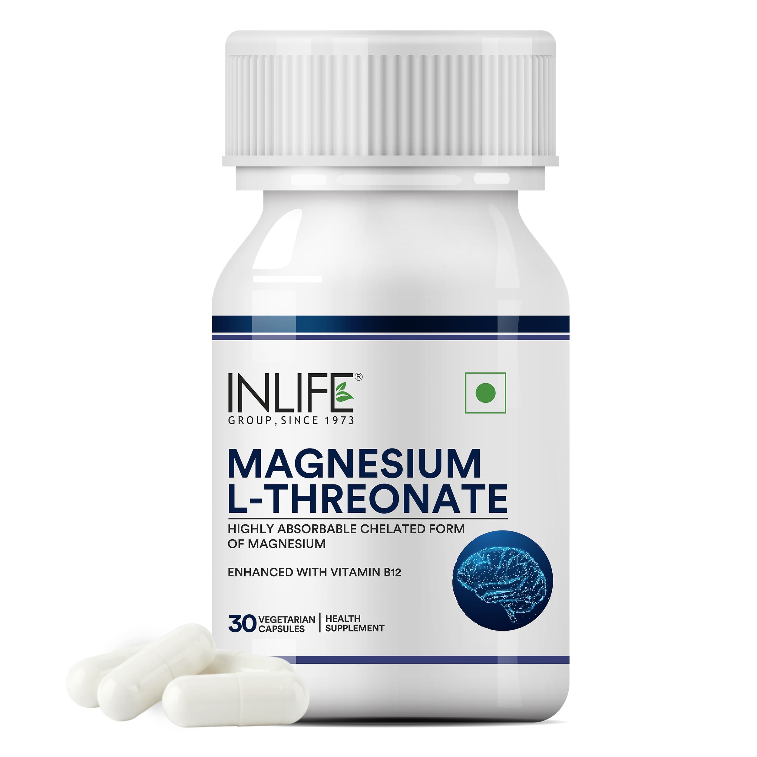 INLIFE Magnesium L Threonate Supplement 2083 mg with Vitamin B12 | Highly Bioavailable | Supports Cognitive Health, Memory & Sleep Support, Energy & Stress Management - 30 Vegetarian Capsules