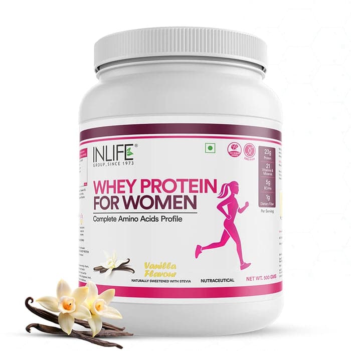INLIFE Whey Protein Powder for Women | Ayurvedic Herbs, 23g Protein, 21 Vitamins Minerals, Omega 3 6, Digestive Enzymes, Hair Skin Nails (500g,  Vanilla)