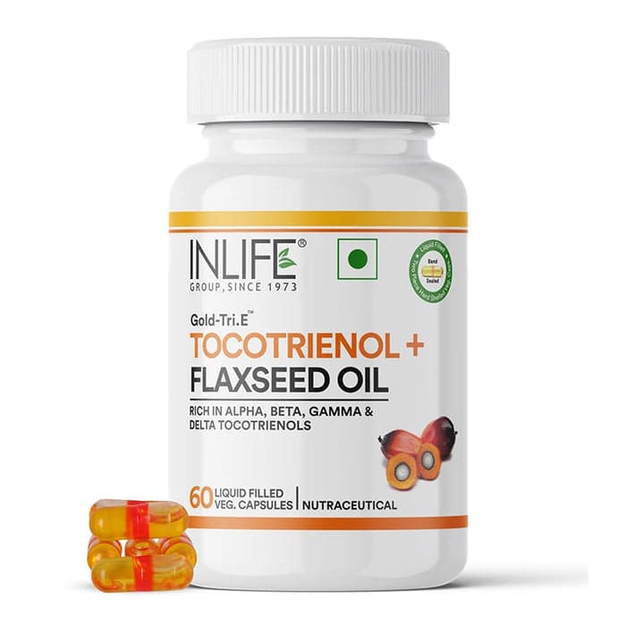 INLIFE Tocotrienol Oil 10mg (Gold Tri.E) & Flaxseed Oil 480mg Capsules | Extra Virgin Cold-Pressed Omega-3, 6 & 9 | Plant-Based Formula| Supports Heart, Skin, Hair & Immune Health | 60 Vegetarian Capsules