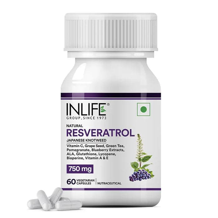 INLIFE Resveratrol Supplements - 750 mg Antioxidant Formula with Japanese Knotweed (Trans-Resveratrol), Grape Seed, Lycopene, Vitamin E & C - 60 Veg Capsules - Supports Skin, Heart Health