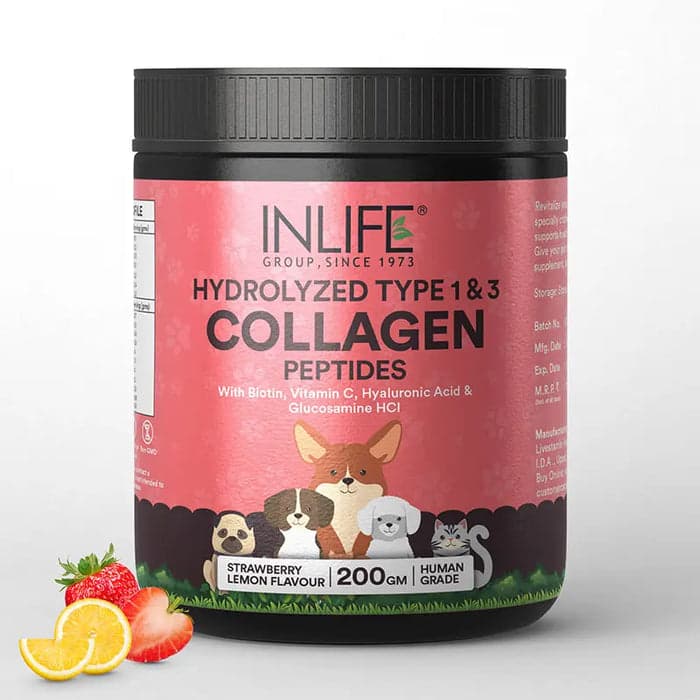 INLIFE Collagen for Dogs & Cats | Hydrolyzed Collagen Powder For Skin, Coat & Joints | Clinically Proven Ingredient with Biotin, Vitamin C, Hyaluronic Acid & Glucosamine | Pet Supplement (Strawberry)