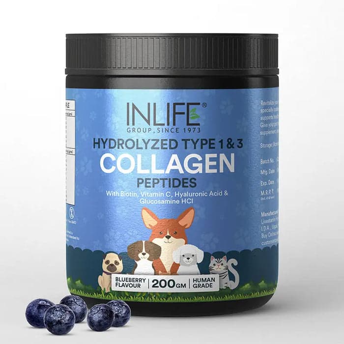 INLIFE Collagen for Dogs & Cats | Hydrolyzed Collagen Powder For Skin, Coat & Joints | Clinically Proven Ingredient with Biotin, Vitamin C, Hyaluronic Acid & Glucosamine | Pet Supplement (Blueberry)