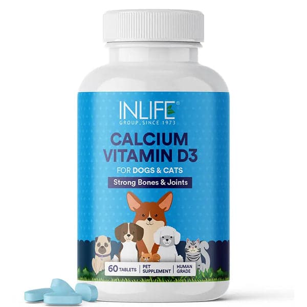 INLIFE Calcium Tablets for Dogs Cats and Pets with Vitamin D3 | Calcium Carbonate Supplement for Bone and Joint Support - 60 Tablets