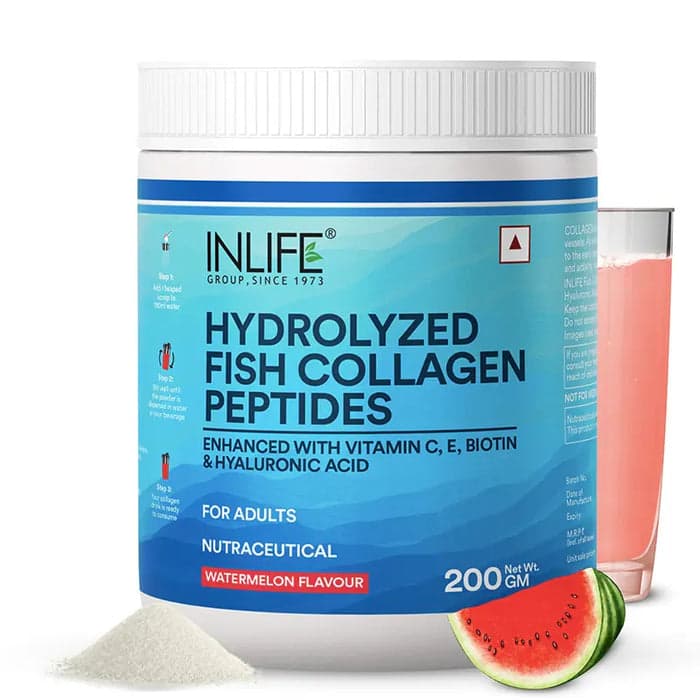 INLIFE Marine Collagen Powder | Fish Collagen Peptides Supplements for Skin | Vitamin E, Biotin, Hyaluronic Acid & Vitamin C | For Women & Men (Watermelon, 200g)