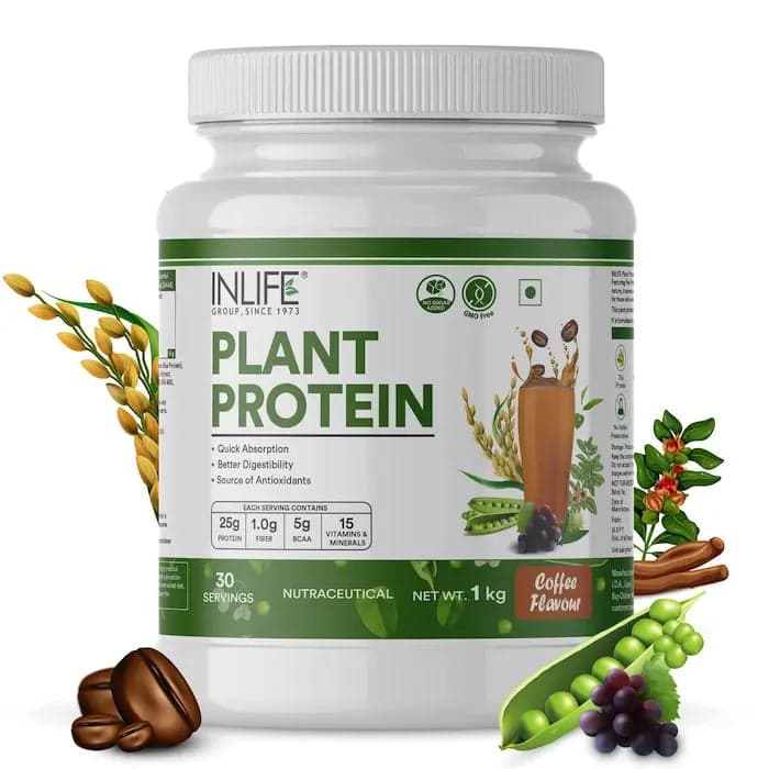 INLIFE Plant Protein Powder - Pea, Quinoa & Brown Rice - 25g Protein - Ashwagandha, Green Tea & Grape Seed Extract - Digestive Enzymes Bodybuilding Supplement (Coffee, 1kg)
