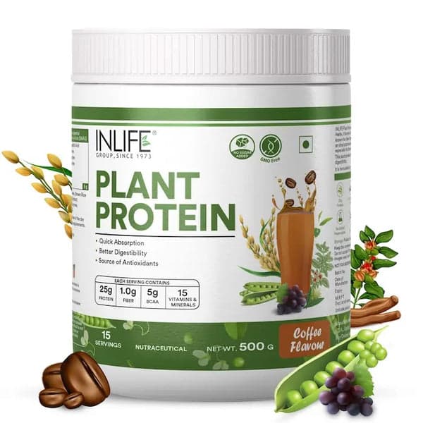 INLIFE Plant Protein Powder - Pea, Quinoa & Brown Rice - 25g Protein - Ashwagandha, Green Tea & Grape Seed Extract - Digestive Enzymes Bodybuilding Supplement (Coffee, 500g)