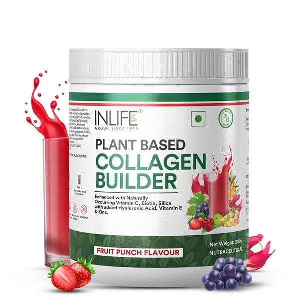 INLIFE Collagen Builder Supplements For Women and Men | Plant Based Collagen Powder for Skin & Hair with Biotin from Sesbania, Vitamin C, Silica, Hyaluronic Acid, Vitamin E, 200g (Fruit Punch)