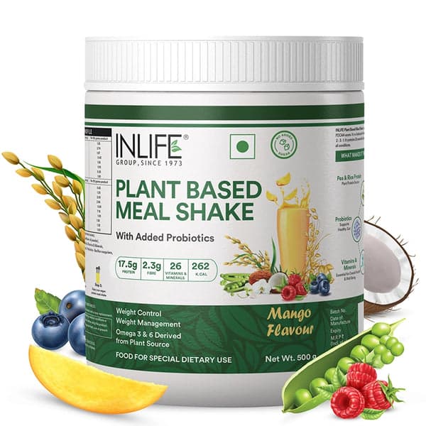 INLIFE Plant Based Meal Replacement Shake | Plant Protein Powder (17.5 Protein) Sugar Free, Lactose Free | Added Probiotics, 500g (Mango)