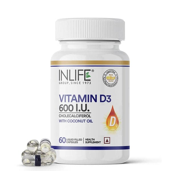 INLIFE Vitamin D3 600 IU Cholecalciferol Supplement with Coconut Oil for Better Absorption, For Men & Women, Immunity, Bone Health, Muscles - 60 Liquid Filled Capsules (Pack of 1, 60)