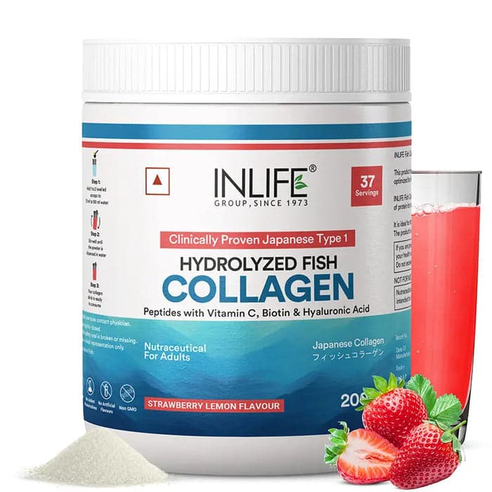INLIFE Japanese Marine Collagen Supplements for Women & Men | Fish Collagen Powder for Skin & Hair | Clinically Proven Ingredient with Biotin, Hyaluronic Acid, Vitamin C & Glucosamine (Strawberry, Fish Collagen, 200g)