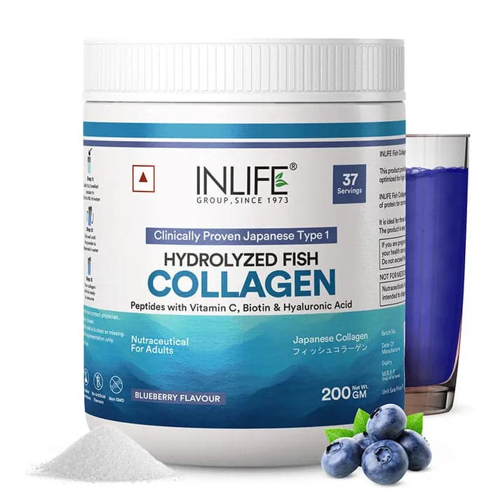 INLIFE Japanese Marine Collagen Supplements for Women & Men | Fish Collagen Powder for Skin & Hair | Clinically Proven Ingredient with Biotin, Hyaluronic Acid, Vitamin C & Glucosamine (Blueberry, Fish Collagen, 200g)