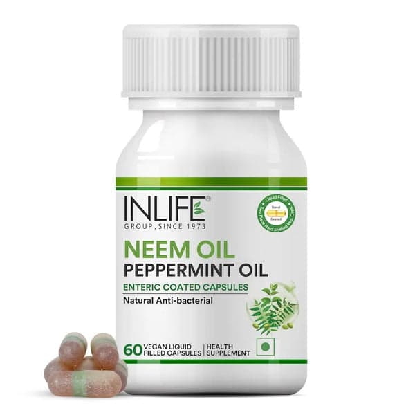 INLIFE Neem Oil 350mg with Peppermint Oil 150mg | Digestive Health & Skin, Hair Care Supplement | Enteric Coated Capsules – 60 Liquid Filled Vegetarian Capsules (Pack of 1, 60)