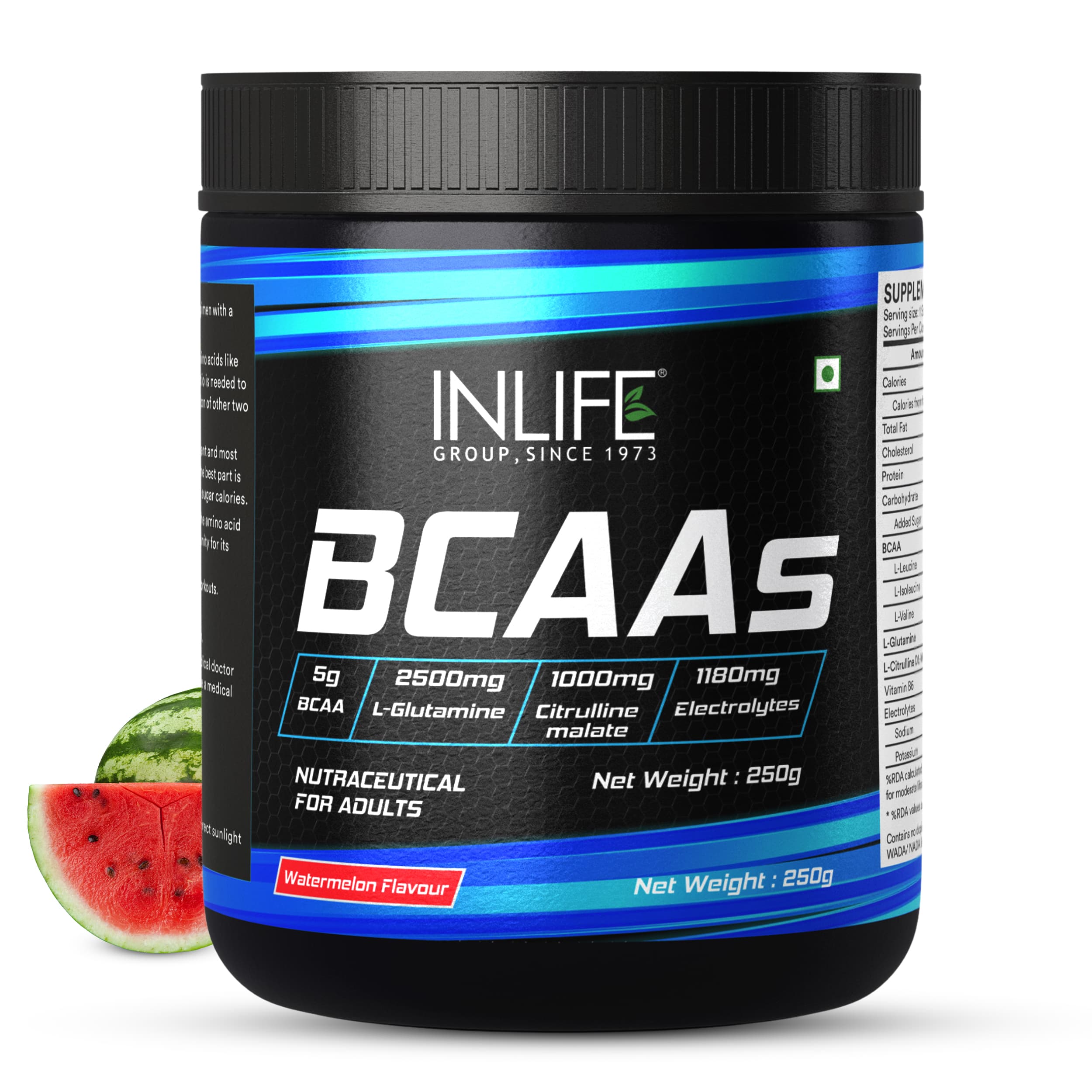 INLIFE BCAA Powder Supplement with Glutamine, Citrulline DL Malate, Vitamin B6 & Electrolytes | Amino Acids for Pre Post Intra Workout Energy Drinks for Athletes | Men & Women (Watermelon, 250g)