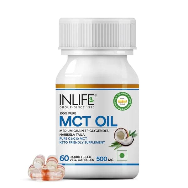 INLIFE Pure MCT Oil C8 C10 Keto Diet Friendly Advanced Products | Food Supplement, 500mg - 60 Liquid Filled Vegetarian Capsules (Pack of 1, 60)