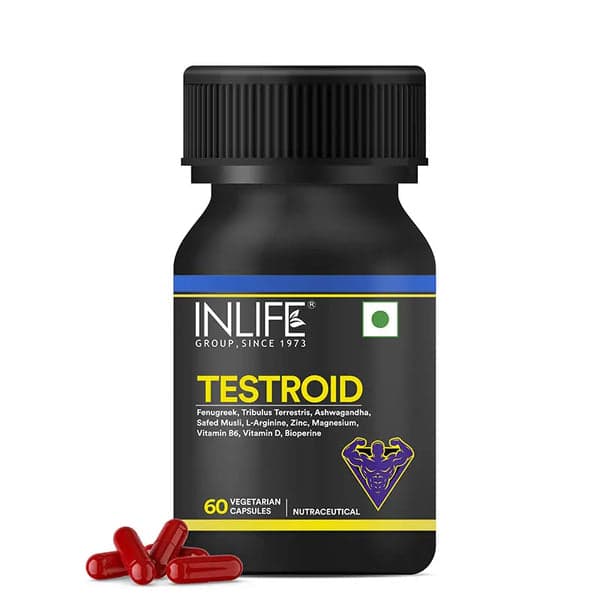INLIFE Testroid Testosterone Support Supplement for Men | Zinc Monomethionine Magnesium Aspartate, Tribulus, Ashwagandha, Safed Musli, Fenugreek | Energy, Strength, Stamina & Overall Wellness (Pack of 1, 60)