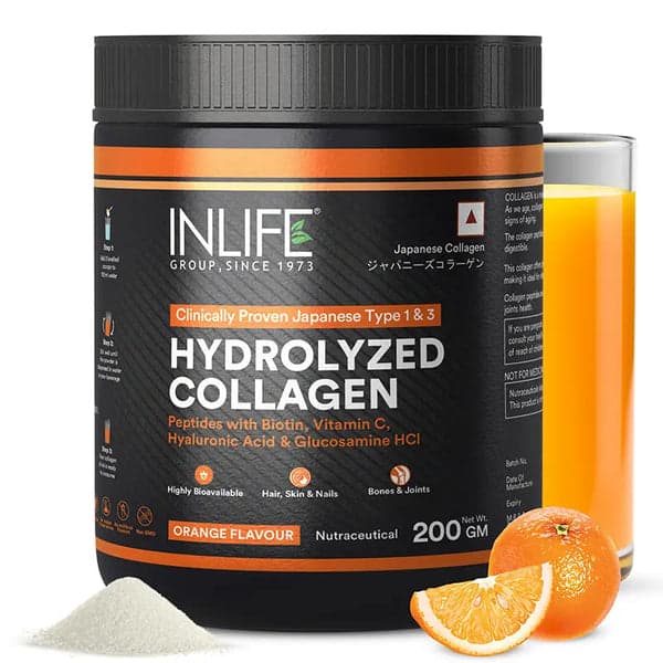 INLIFE Japanese Collagen Supplements for Women & Men | Hydrolyzed Collagen Powder For Skin, Hair & Joints | Clinically Proven Ingredient with Biotin, Hyaluronic Acid (Orange, Collagen, 200g)