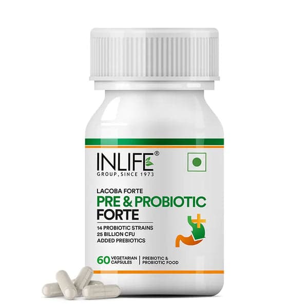INLIFE Prebiotic and Probiotics Forte Supplement for Men & Women 25 billion CFU with 14 Strains | Digestion Gut & Immunity Health Supplement - 60 Vegetarian Capsules