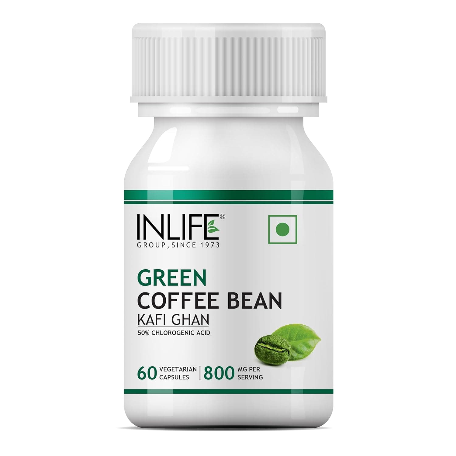 INLIFE Green Coffee Beans Extract Capsules | With 50% Chlorogenic Acid | Ayurvedic Herbal Supplement - 800mg - 60 Vegetarian Capsules (Pack of 1, 60)