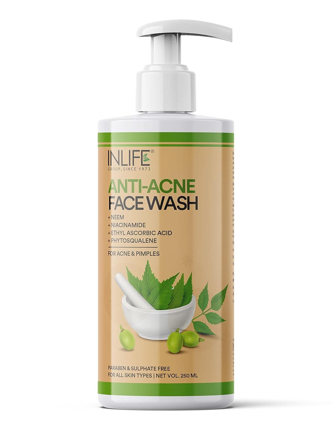 INLIFE Anti Acne Face Wash | Neem, Niacinamide, Ethyl Ascorbic Acid & Phytosqualane | for All Skin Types | Paraben & Sulphate Free | Men Women, 250ml (Pack of 1, 250)